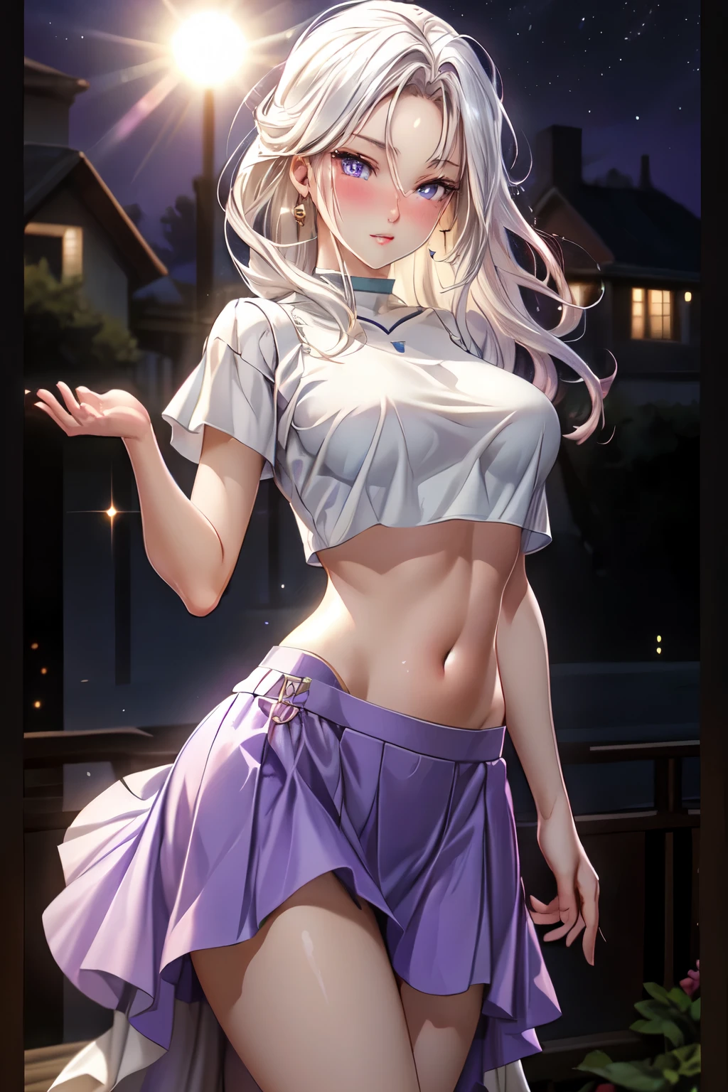 realistic, 1 girl, White hair, purple eyes, sparkling eyes, crop top, skirt, parted lips, blush, night, Sun, Sun, light, Transparent clothing, beautiful lingerie, Big breasts, perfect breasts, full height