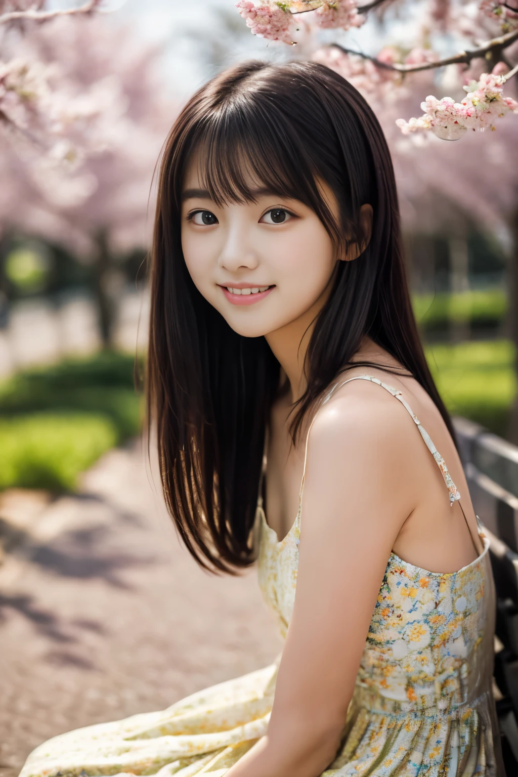 masterpiece, highest quality, 8K, 1 girl, (), teenager, smile, alone, (Super cute idol-like face:1.2), delicate girl, black hair, middle bob hair, straight hair, bangs, looking at the viewer, Frank, Sophisticated, professional lighting, film grain,  whole body, beautiful figure, In the background, there are yellow rapeseed fields and rows of cherry blossom trees.,  (floral dress:1.2), small breasts, sitting on the bench,