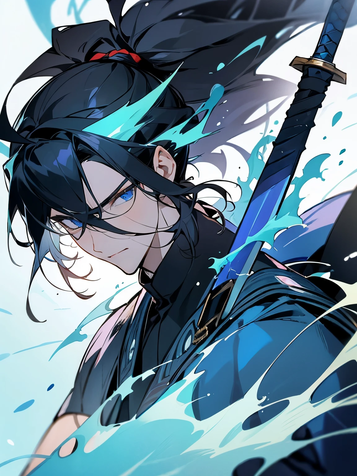 Mature adult man ((masculine and youthful face)) army general, blue eyes, black hair tied in a ponytail, blue armor, sword of the sea god Susano'o, manhua style