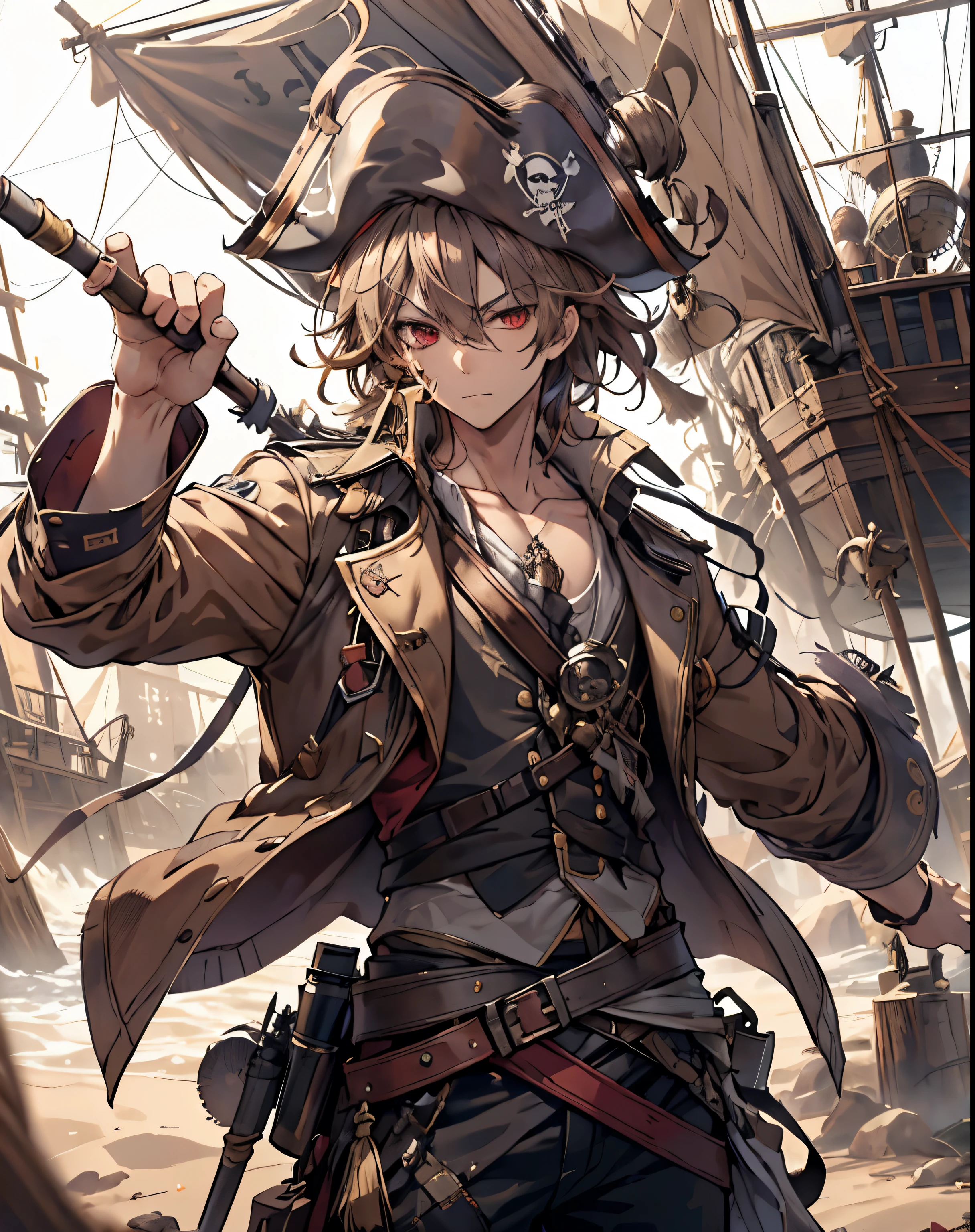 masterpiece, 1men, sparrow, a brown haired men, wearing a pirates clothes, curly medium hair, messy hair, slim body, wearing noble clothes, he close her left eye, shirt ornament, serious expression, red eyes, stand at forest, ahoge, pirates hat