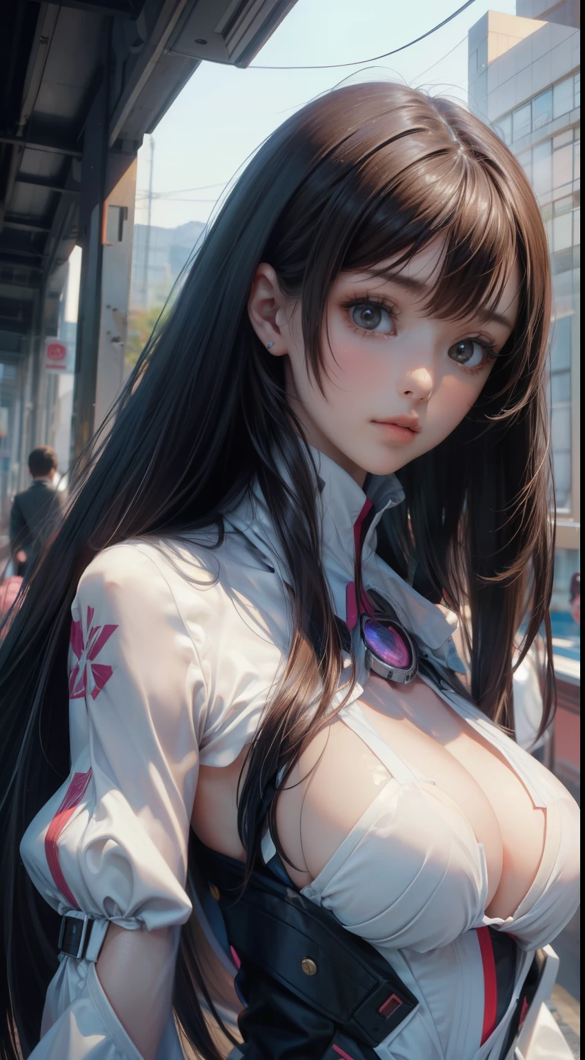 1 girl,(highly detailed skin),bent,,beautiful胸,big breasts,pale skin,pointed chest,erect nipples,(fantasy art,best image quality,surrealist portrait,(8K),Super realistic,最high quality, high quality, High resolution, high quality texture,high detail,beautiful,be familiar with,Very detailed CG,be familiar withテクスチャー,realistic facial expression,masterpiece,sense of presence,dynamic,bold),long hair,(super thin hair),(super soft hair),(ultra straight hair:1.5),流した長いbangs,hair above one eye.black hair、bangs、facing forward、looking at the viewer、Two-dimensional beautiful girl、Two-dimensional beautiful girl、The cutest in the world、cute smile、I