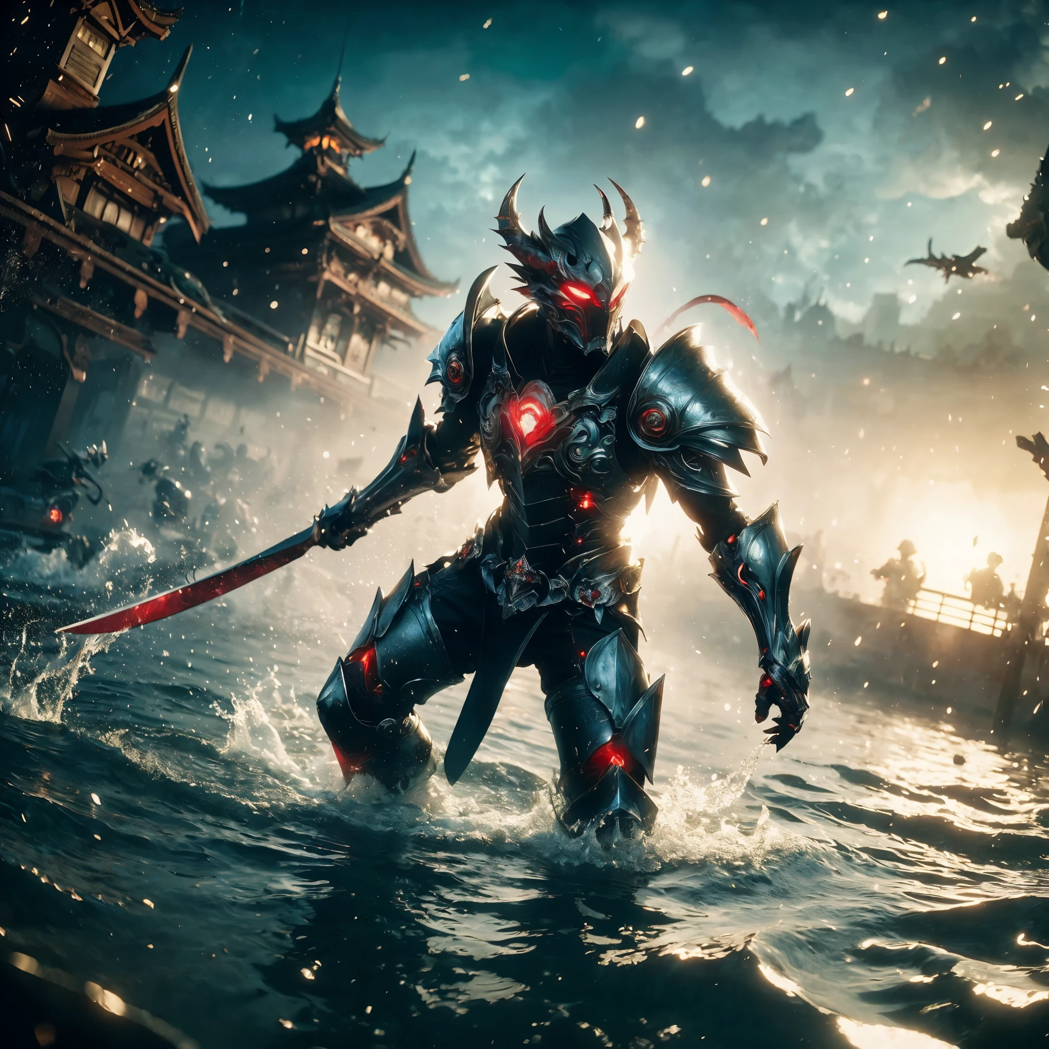 Catastrophic tsunami, 300 meter tidal wave, (((Realistic, masterpiece, best quality, crisp detail, high definition, high detail, very rich detail, sharp focus, sharp detail, colorful, rich color, perfect studio lightning))), ((20 years old, beautiful goddes of water, floating, aqua color hair)),(((in the middle of war, epic war scene, attack stance))), wearing (((beautiful decorated blue heavy armor, water dragon armor, decorated full body armor, fully armored beautiful kimono, wide water diabolos wings))), (holding giant blade), (((blood everywhere, death everywhere, japan bakumatsu period, dead bodies,carcass, drowned japanese castle, catastrophic tsunami, flood, water dragons, giant sea monsters,meteor shower, aurora)) flooded traditional village background), heavy rain,