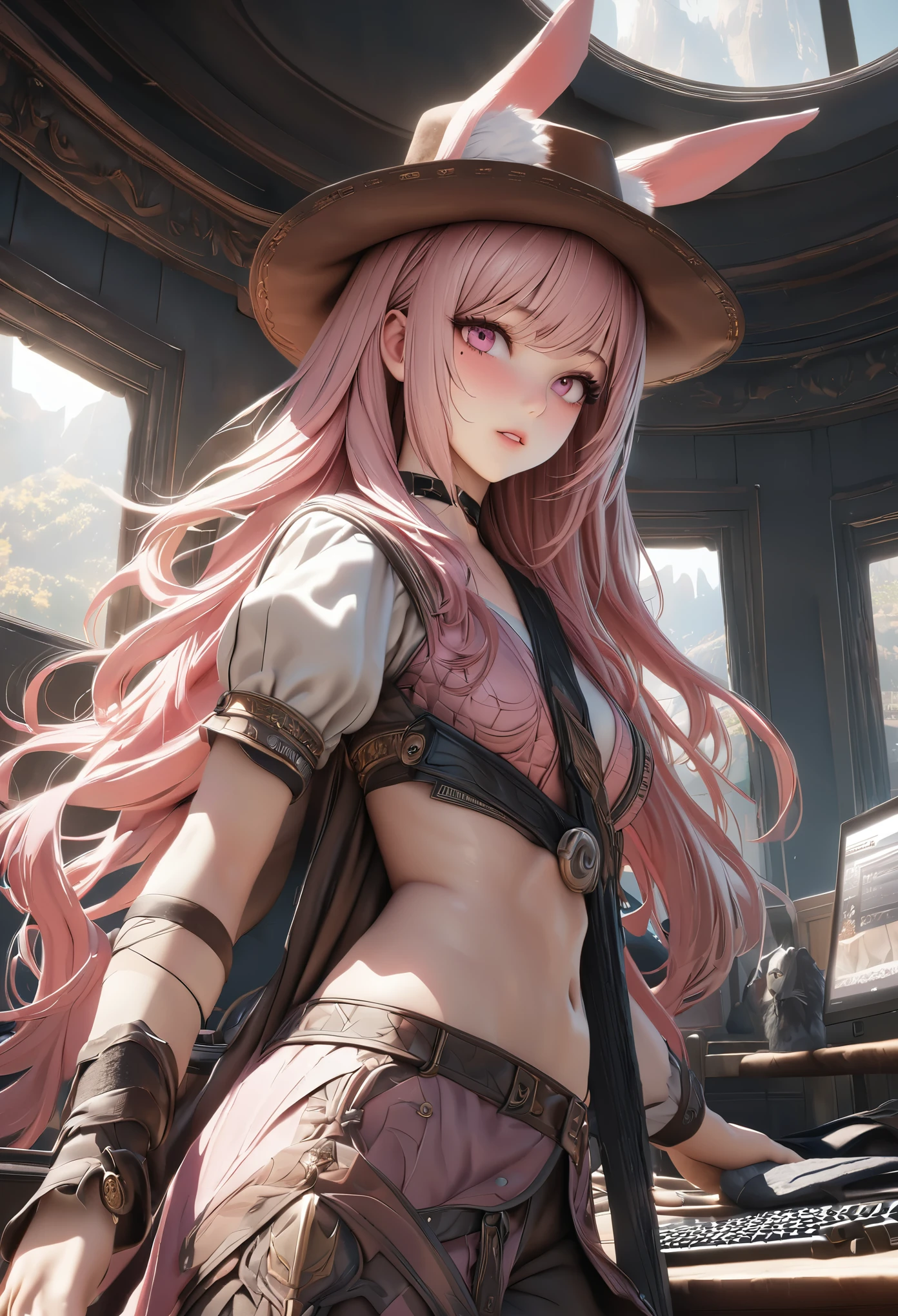 masterpiece,highest quality, Super detailed, High resolution, expensive resolution, HDR, 4k, 8K, unity 8k wallpaper, Super detailed CG, masterpiece, realistic, 2D, 3D, beautiful details, depth, fine texture , super fine: 1.3, Fully focused, Crispy.skin, .he,
Very cute anime girl 、cowboy styleの衣装、cowboy hat、cowboy boots テキカン 荒野、duel、long sword、Pink semi-long hair wearing expensive , one girl、alone, Pink semi-long hair, animal ears, rabbit ears, cowboy style、cowboy hat、long sword、duel、cowboy boots、computer、disk、mole under the eye, looking at the viewer , expensive , blush, mole, rabbit ears, parted lips, hair ornaments, heart, pink eyes, choker