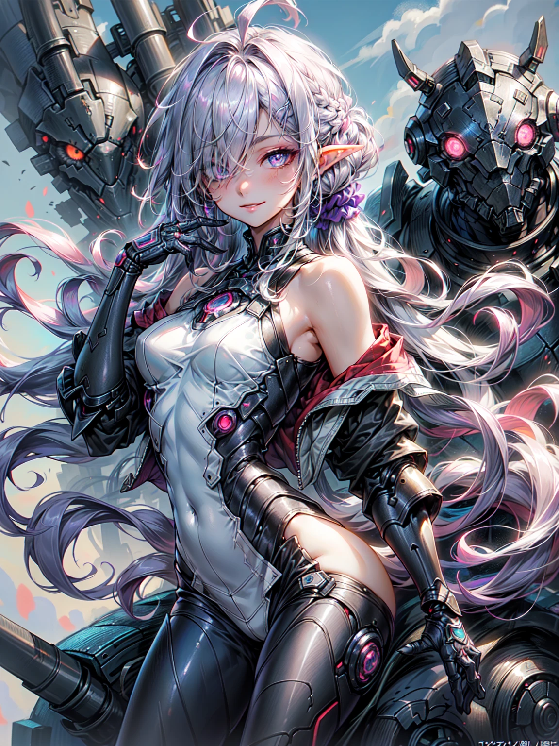 adorable, pure desire,,   , flat chest,   in Japan,  (off_shoulder sweater, bare shoulders), baby hair, hair scrunchie, french braid,  (Suggestive:1.2),   (smile:0.7), (highest quality:1.0), (超A high resolution:1.0) ,(realistic:1), (Super detailed:1.0), (8k RAW photo:1.1), break、cowboy shot、（dark elf), (1 girl), alone, perfect face, get used to it, Ahoge, ((long hair:1.2)), (hair above one eye:1.3), [[messy hair]], shiny blonde white hair, purple eyes, multicolored eyes, colorful hair, shining eyes, (eyelash, eye shadow, pink eye shadow), bright, smile, design art by Mikimoto Haruhiko, by Kawashi, By Yoshitaka Amano、organic armored cyborg、mechanical armor