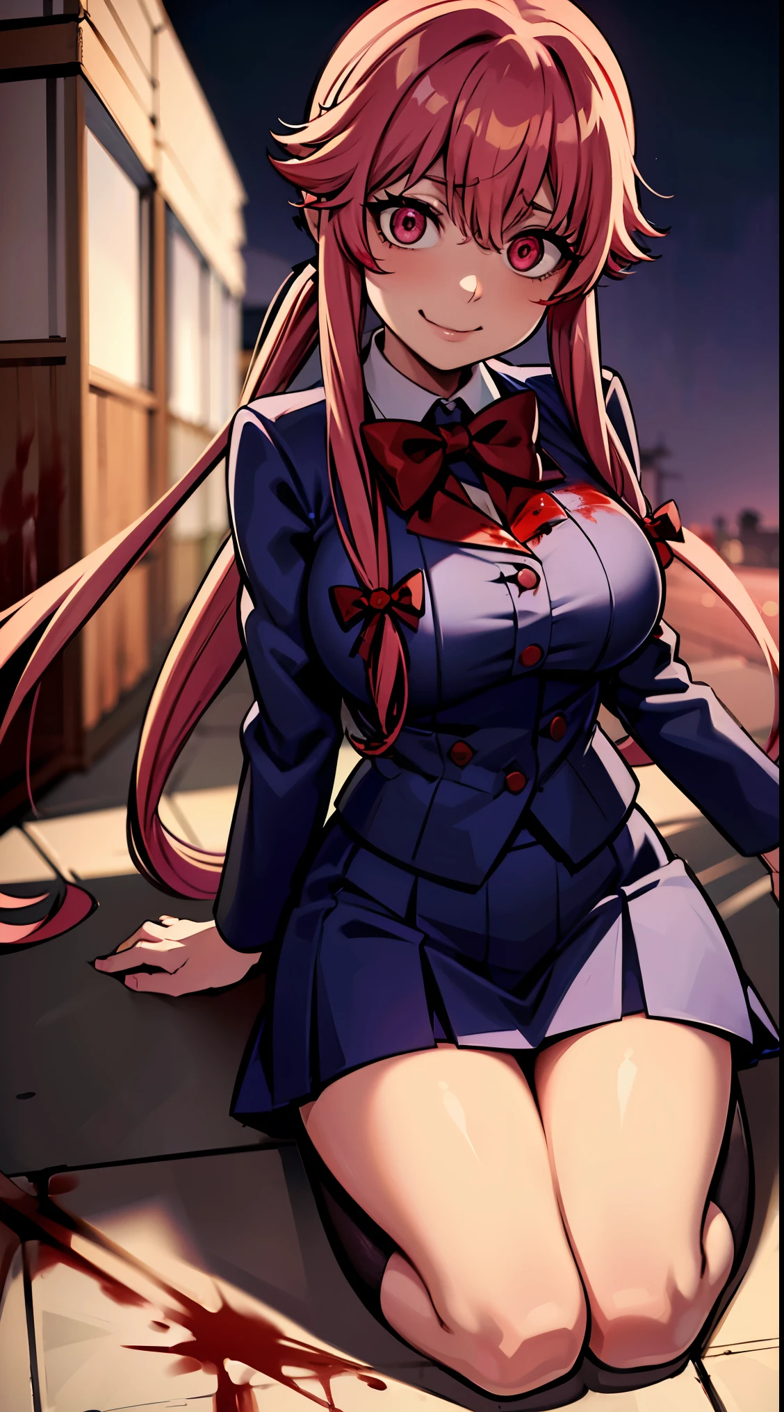 yuno gasai, long hair, pink hair, smile, low twintails, yuno gasai, (Black, Lilien Tailcoat Black Pure Rose:1.37), (large breasts:1.5), 1girl, red eyes, (night:1.1), (evil eyes:1.1), Ladies Lace Up Boots, blood, (black trousers:1.1), (out door:1.5), (top hat:1.5), (evil:1.5), jack the ripper, (blood on body:1.5), (evil eyes:1.4), 4k, 8k, killing, best quality, masterpiece