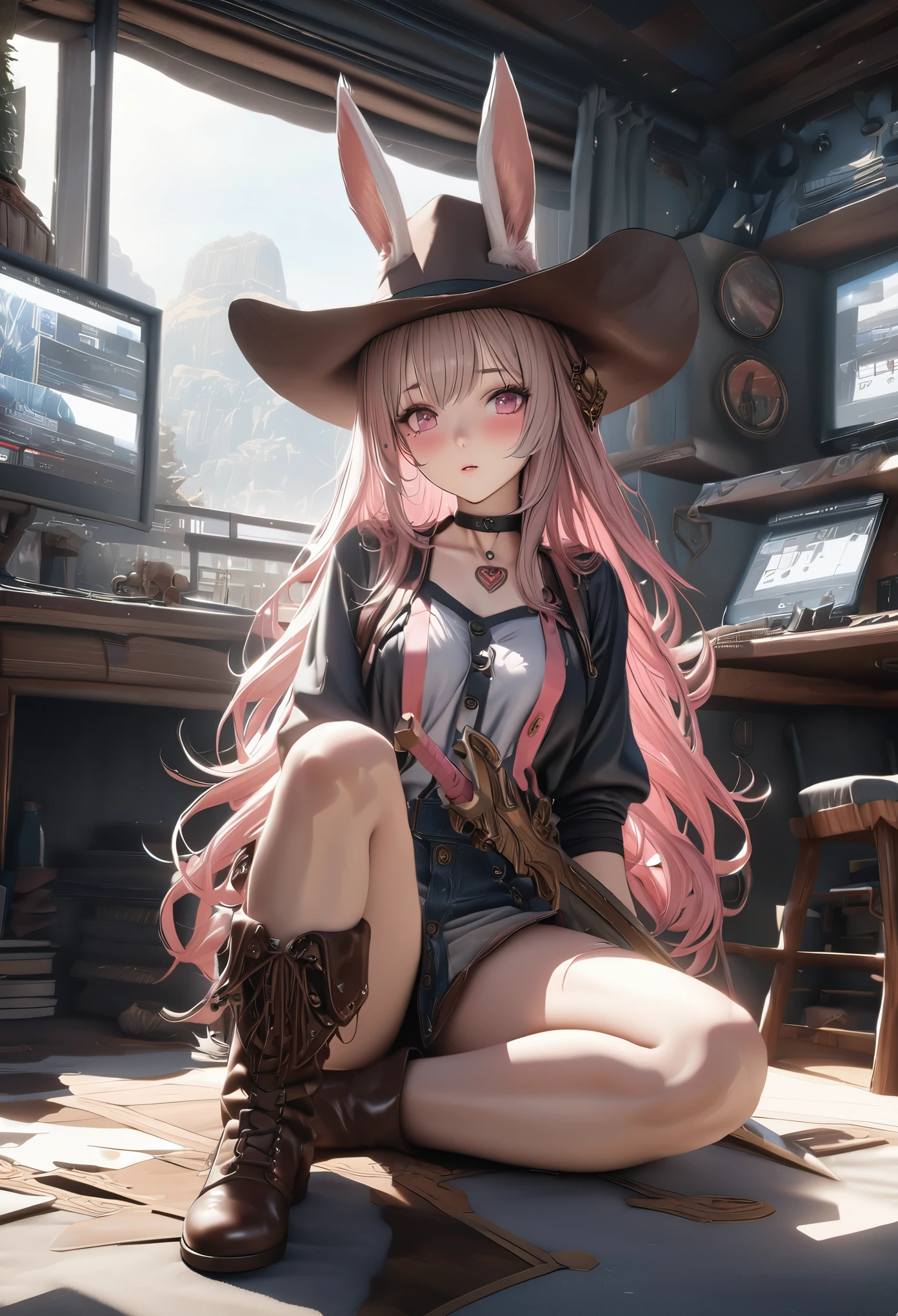 masterpiece,highest quality, Super detailed, High resolution, expensive resolution, HDR, 4k, 8K, unity 8k wallpaper, Super detailed CG, masterpiece, realistic, 2D, 3D, beautiful details, depth, fine texture , super fine: 1.3, Fully focused, Crispy.skin, .he,
Very cute anime girl 、cowboy styleの衣装、cowboy hat、cowboy boots テキカン 荒野、duel、long sword、Pink semi-long hair wearing expensive , one girl、alone, Pink semi-long hair, animal ears, rabbit ears, cowboy style、cowboy hat、long sword、duel、cowboy boots、computer、disk、mole under the eye, looking at the viewer , expensive , blush, mole, rabbit ears, parted lips, hair ornaments, heart, pink eyes, choker