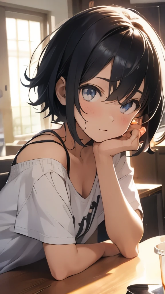 {とてもsmile}、17 year old female、black hair、hair is short、smile、one's home、eyes are black、Very beautiful、chest is big、drinking juice from a bottle