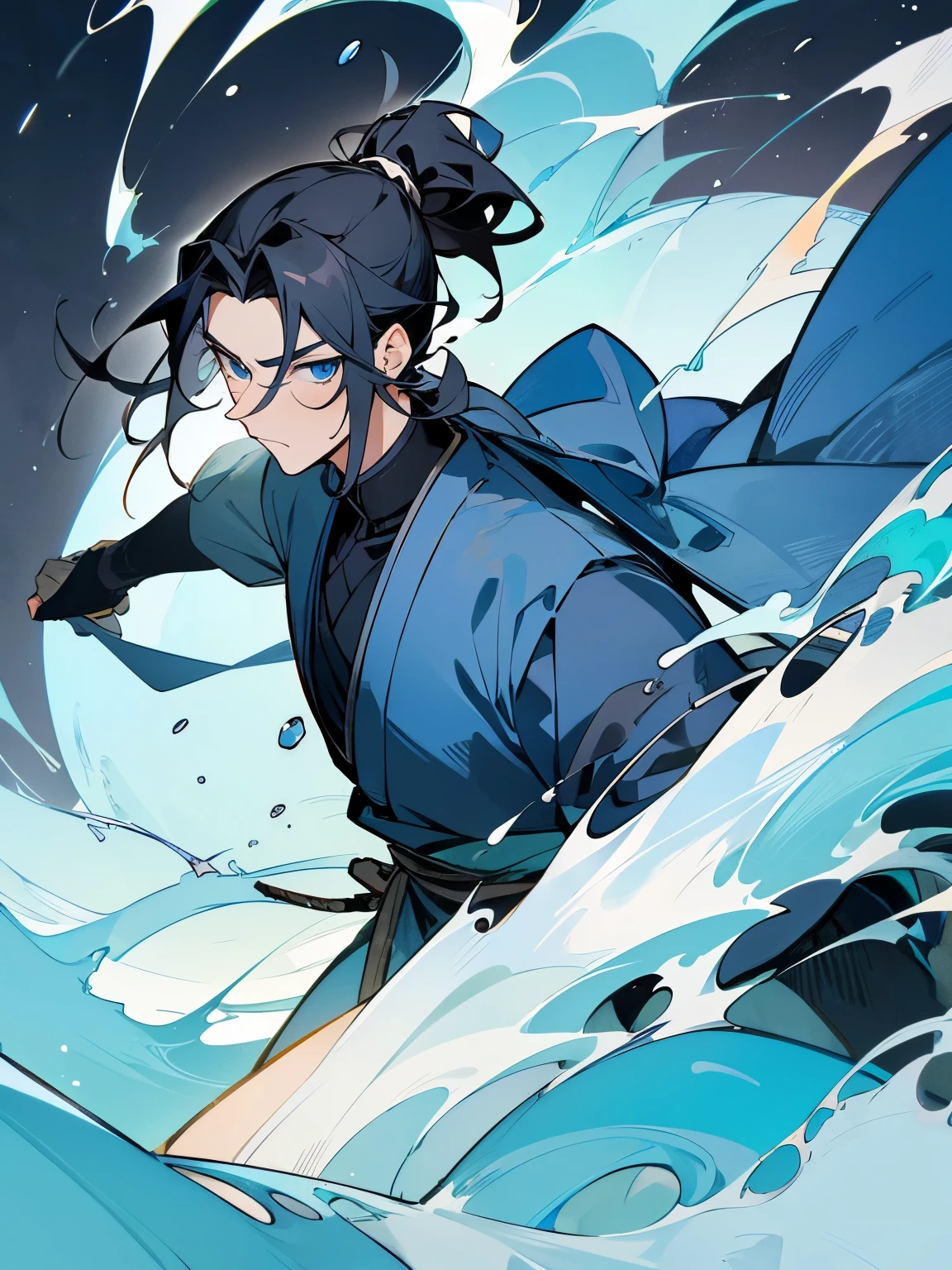 Mature adult man ((masculine and youthful face)) army general, blue eyes, black hair tied in a ponytail, blue armor, sword of the sea god Susano'o, manhua style