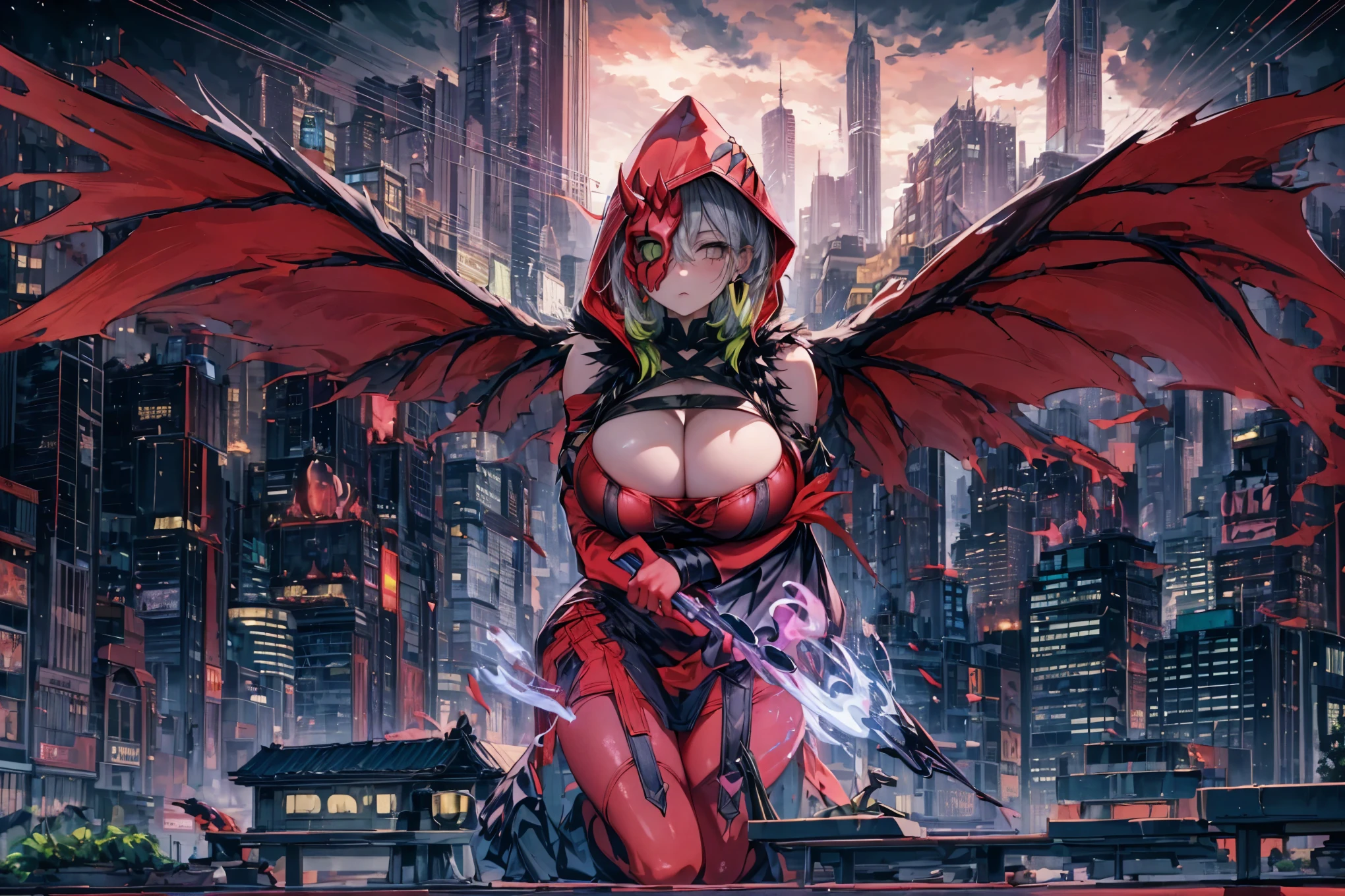 (masterpiece, best quality:1.2),cityscape,night, on the knee, intricate details, 1girl ,diabellestarr the dark witch, narrow bust,(huge breasts:1.6),(mature female:1.2),(solo),Korean doll,thick, minimal cloth, cleavage ,mask, dress, hood up, detached sleeves, red pantyhose, earrings