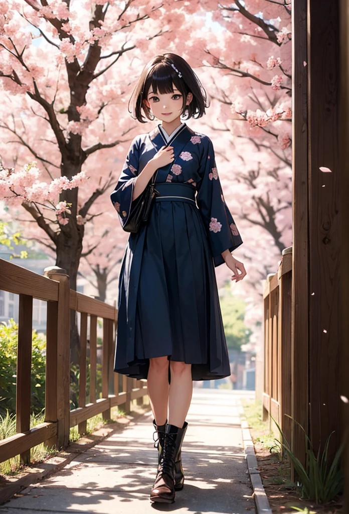 photo realistic, (masterpiece, best quality), 1girl,cute,baby face,japanese Taisho-era school girl wearing a kimono(cherry blossom pattern kimono),Taisho-era long skirt(navy skirt),brown boots,long straight hair,eyes with large brown irises, small mouth, fresh lips, smiling,cherry blossom tree avenue,looking viewer, intricate details, depth of field,beautiful lighting, volumetric lighting, (photographic portrait), sharp,