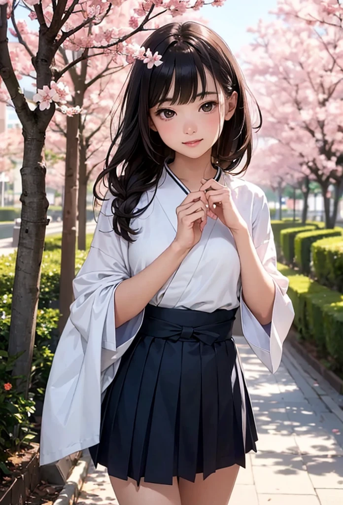 photo realistic, (masterpiece, best quality), 1girl,cute,baby face,japanese Taisho-era school girl wearing a kimono(cherry blossom pattern kimono),Taisho-era long skirt(navy skirt),brown boots,long straight hair,eyes with large brown irises, small mouth, fresh lips, smiling,cherry blossom tree avenue,looking viewer, intricate details, depth of field,beautiful lighting, volumetric lighting, (photographic portrait), sharp,