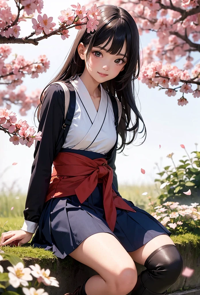 photo realistic, (masterpiece, best quality), 1girl,cute,baby face,japanese Taisho-era school girl wearing a kimono(cherry blossom pattern kimono),Taisho-era long skirt(navy skirt),brown boots,long straight hair,eyes with large brown irises, small mouth, fresh lips, smiling,cherry blossom tree avenue,looking viewer, intricate details, depth of field,beautiful lighting, volumetric lighting, (photographic portrait), sharp,