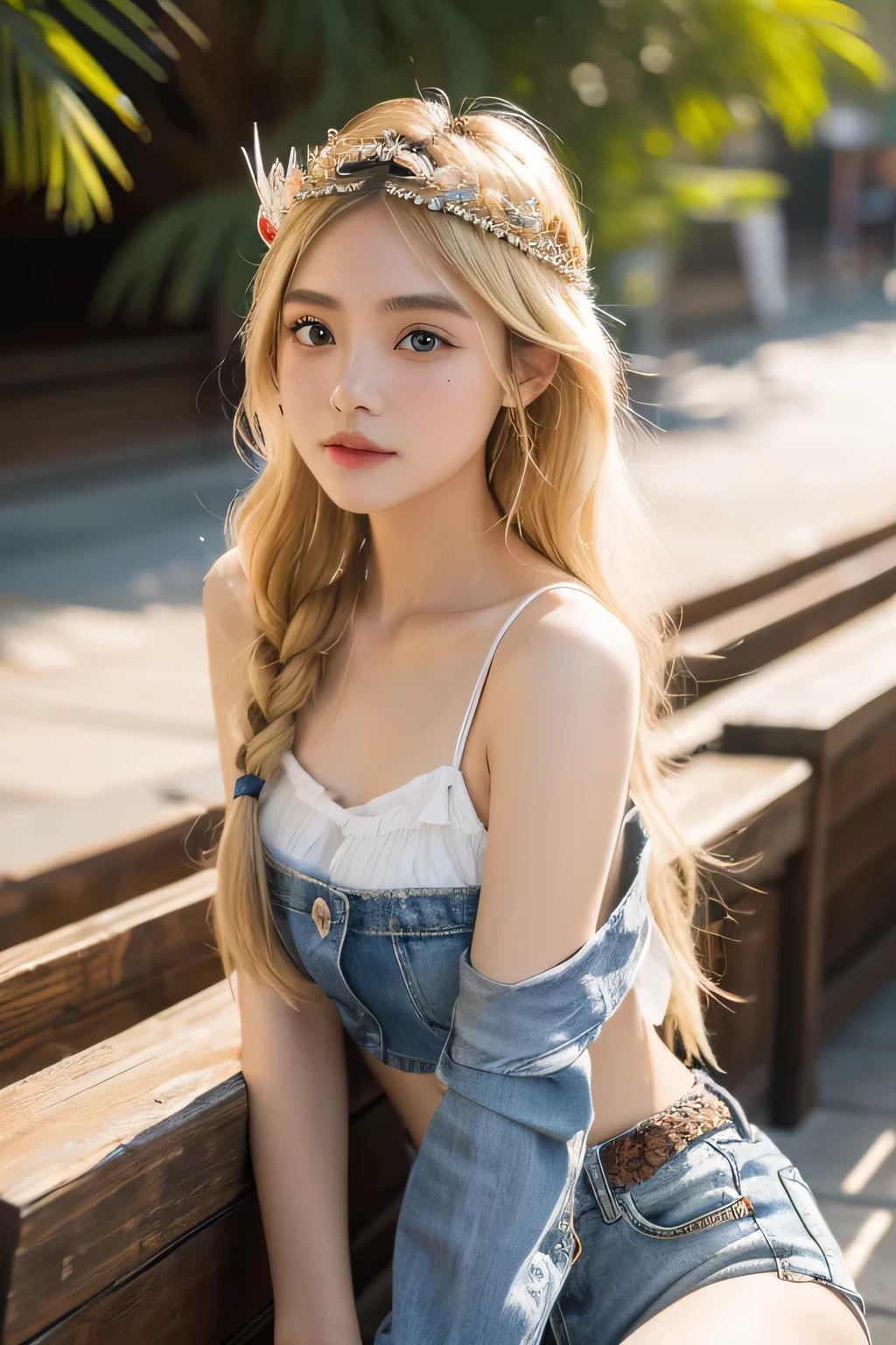 (8k, highest quality, ultra detailed:1.37), (Dina), 18yo, (a free-spirited Javanese girl), embraces the bohemian festival atmosphere. She wears a boho-chic embroidered top with denim shorts and accessorizes with feathers and beads. Her blonde hair in a crown braids was swept up in loose curls that tumbled down her back. The high-resolution image captures ultra-detailed realism, highlighting Dina's captivating eyes, long eyelashes, and smooth complexion. The vibrant festival setting adds an energetic and colorful backdrop to showcase Dina's carefree and artistic personality.