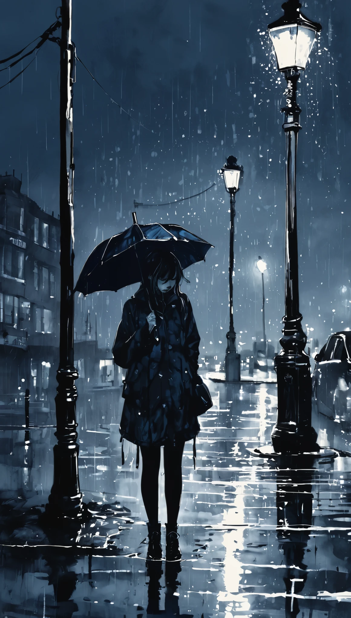The rain stopped,Ink illustration, Ink punk, inked, girl waiting, desolate, Ink splash, ink dot, ink smudges, evoke loneliness and loneliness, thick strokes, Ink illustration, night, very dark, blurred vision, grey、black and dark blue tones, desolate, lamp post, puddle, standing water,Headlights in the distance,