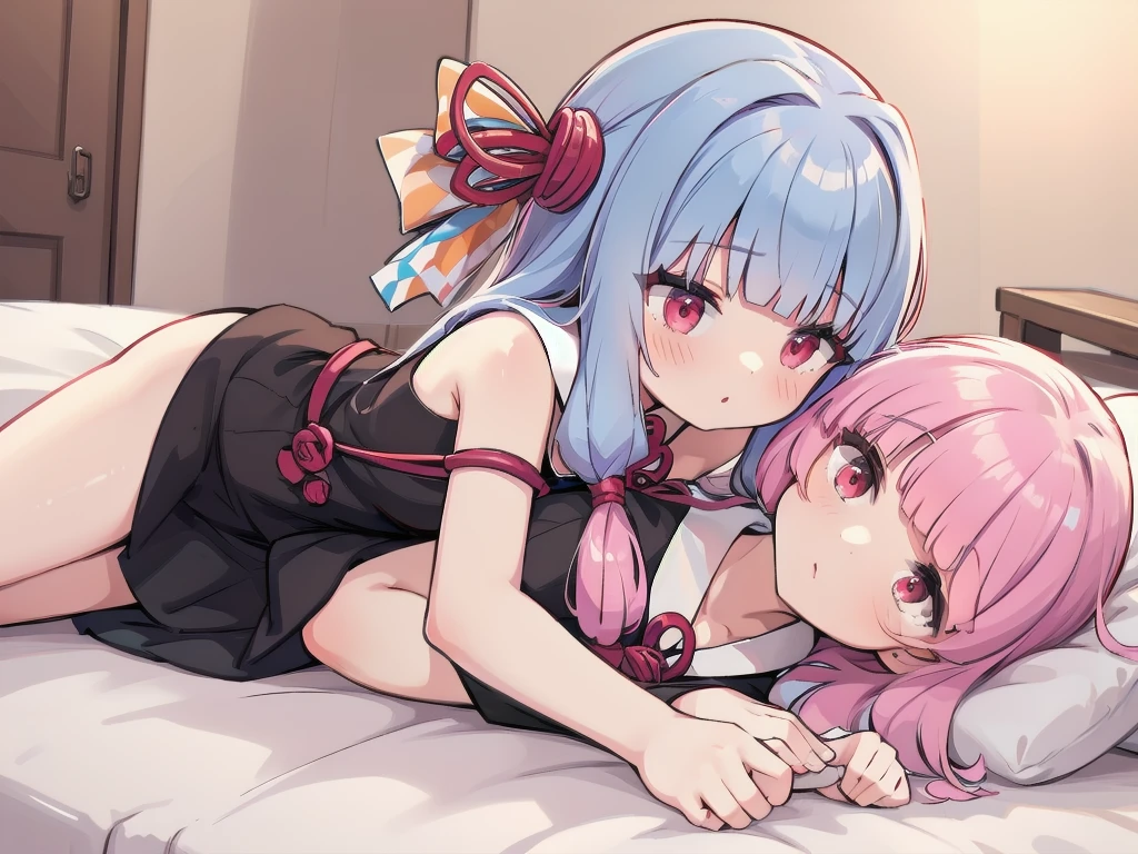 (((Akane Kotonoha and Aoi Kotonoha)))、(((lying on the bed)))、(((２girl girl)))、(((cum in pussy))), (kotonoha akane, hair ribbon
black dress, detached sleeves, wide sleeves, bare shoulders)、 (kotonoha aoi
hair ribbon, blue hair, red eyes, very long hair,blunt bangs)、