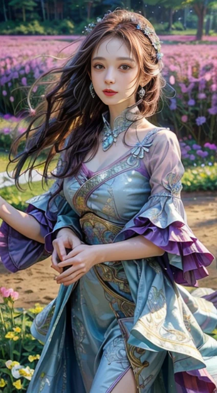 (highest quality,4k,8K,High resolution,masterpiece:1.2),Super detailed,(now,realisticに,realistic:1.37),girl in a luxurious blue dress,His eyes were sparkling with joy, Her lips were slightly curved，Show a kind smile. The sun casts a warm golden light on her face, It enhances her beauty. The flowers are bright pink and purple、A wide range of soft pastel colors。, Create a harmonious and visually pleasing composition. soft and diffused lighting, Creates a fantastical and magical atmosphere. girl standing in the middle of the field, Please raise your arms a little, Enjoy the beauty of nature. Carefully Balanced Formula, girl&#39;Off-center position, Create a sense of movement and vitality. The flowers are carefully painted in detail......, Each petal and leaf is carefully depicted.. girl&#39;The skirt wraps her elegantly, Adds elegance and femininity to any occasion. All inclusive, Works that evoke happy feelings, Enshrine, Appreciation for the beauty of nature.........