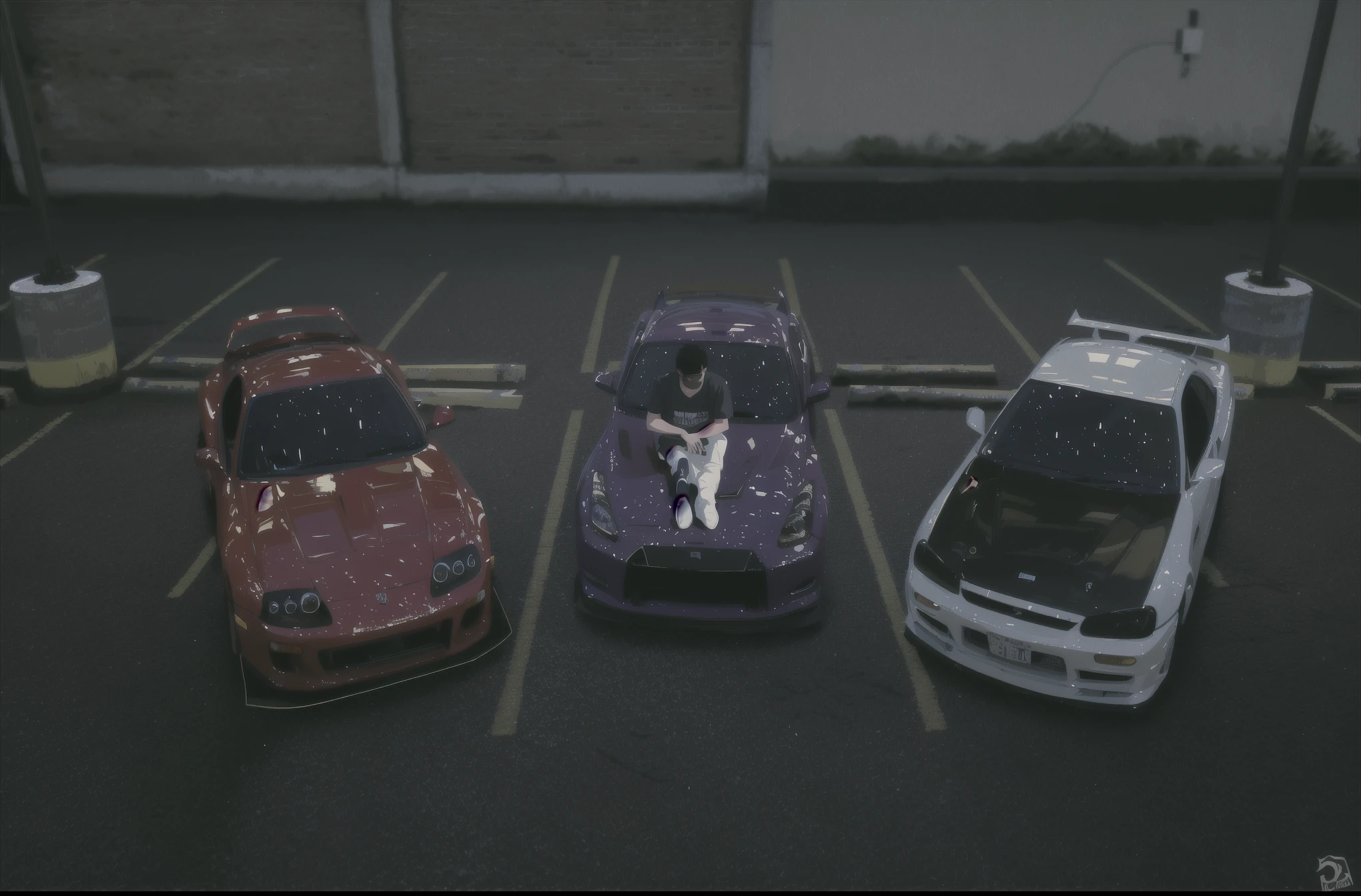 three cars parked in a parking lot with a man sitting on the hood of the middle car, carros realistas, em um estacionamento, torna a imagem REAL, supra, gtr r35, skyline