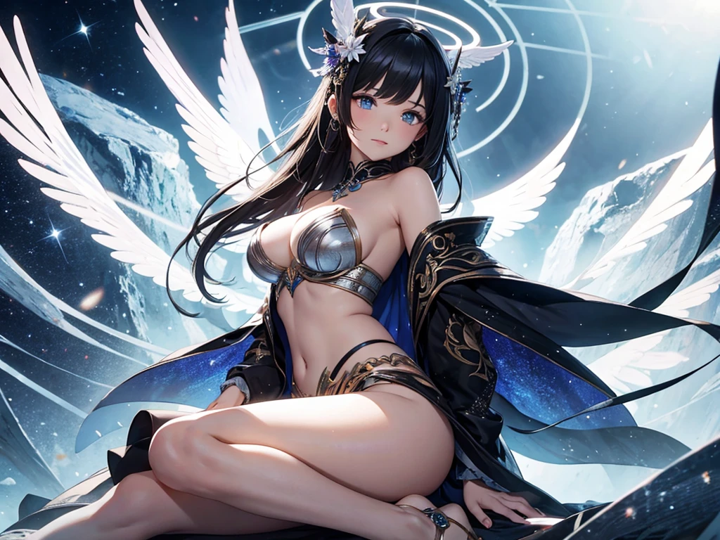 a goddess of the magic, y and beautiful, (have four hands), A pair of black and white feather wings behind the back, upright star totem float behind the back, magic circle on feets, halo, super textured skin, super detail face, perfect face, Super fine facial details, beautiful and delicate eyes, perfect eyes, correct limbs, correct figner, super detail figner, best hair quality, best clothing quality, best prop quality, best halo detail and quality, best magic circle detail and quality, complex halo detail, anatomically correct