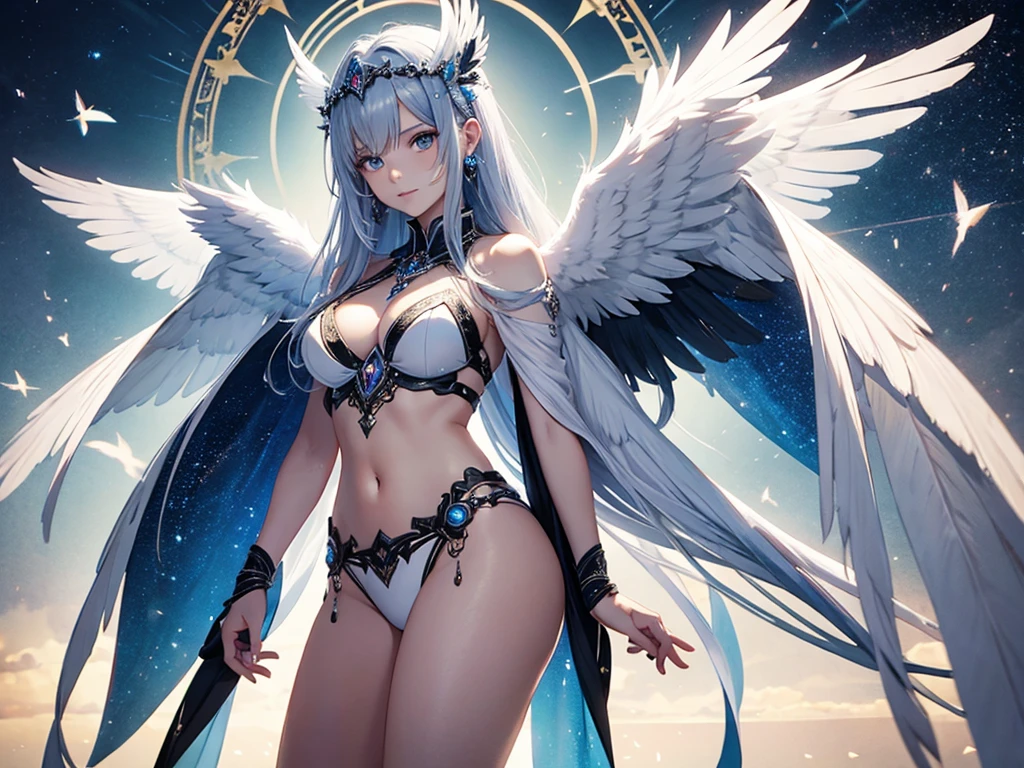 a goddess of the magic, sexy and beautiful, (have four hands), A pair of black and white feather wings behind the back, upright star totem float behind the back, magic circle on feets, halo, super textured skin, super detail face, perfect face, Super fine facial details, beautiful and delicate eyes, perfect eyes, correct limbs, correct figner, super detail figner, best hair quality, best clothing quality, best prop quality, best halo detail and quality, best magic circle detail and quality, complex halo detail, anatomically correct