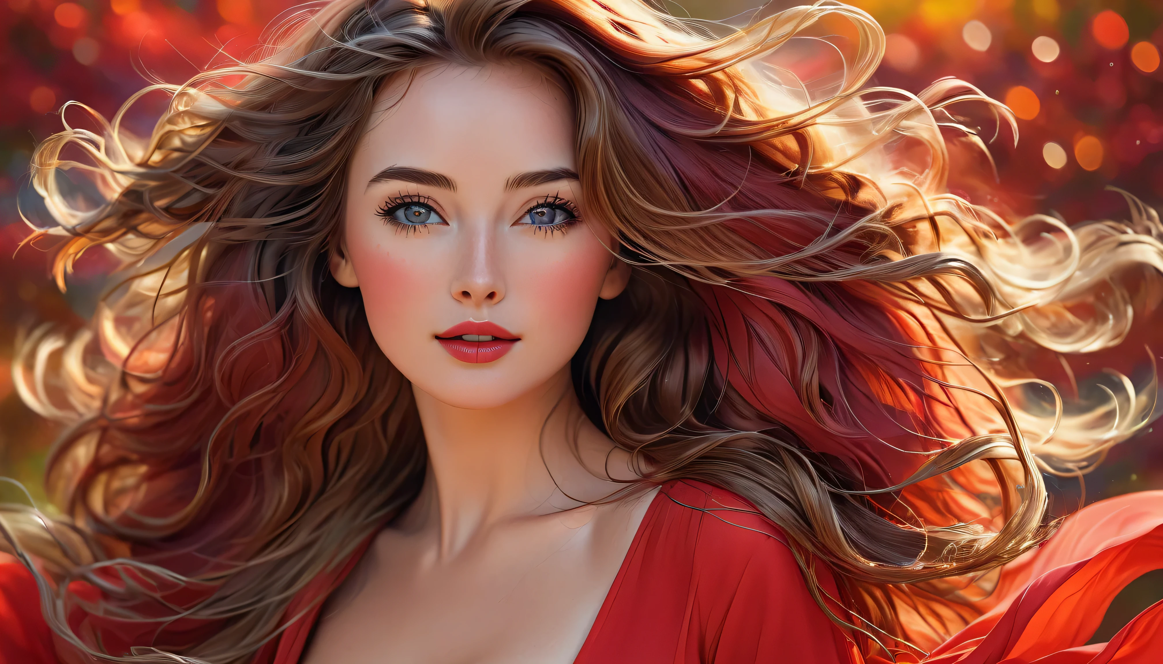 best quality,physically-based rendering,ultra-detailed,vivid colors,portrait,red dress,flowing hair,seductive expression,windy atmosphere,detailed facial features,alluring gaze,beautiful lips,graceful posture,background with vibrant colors,professional lighting,bokeh