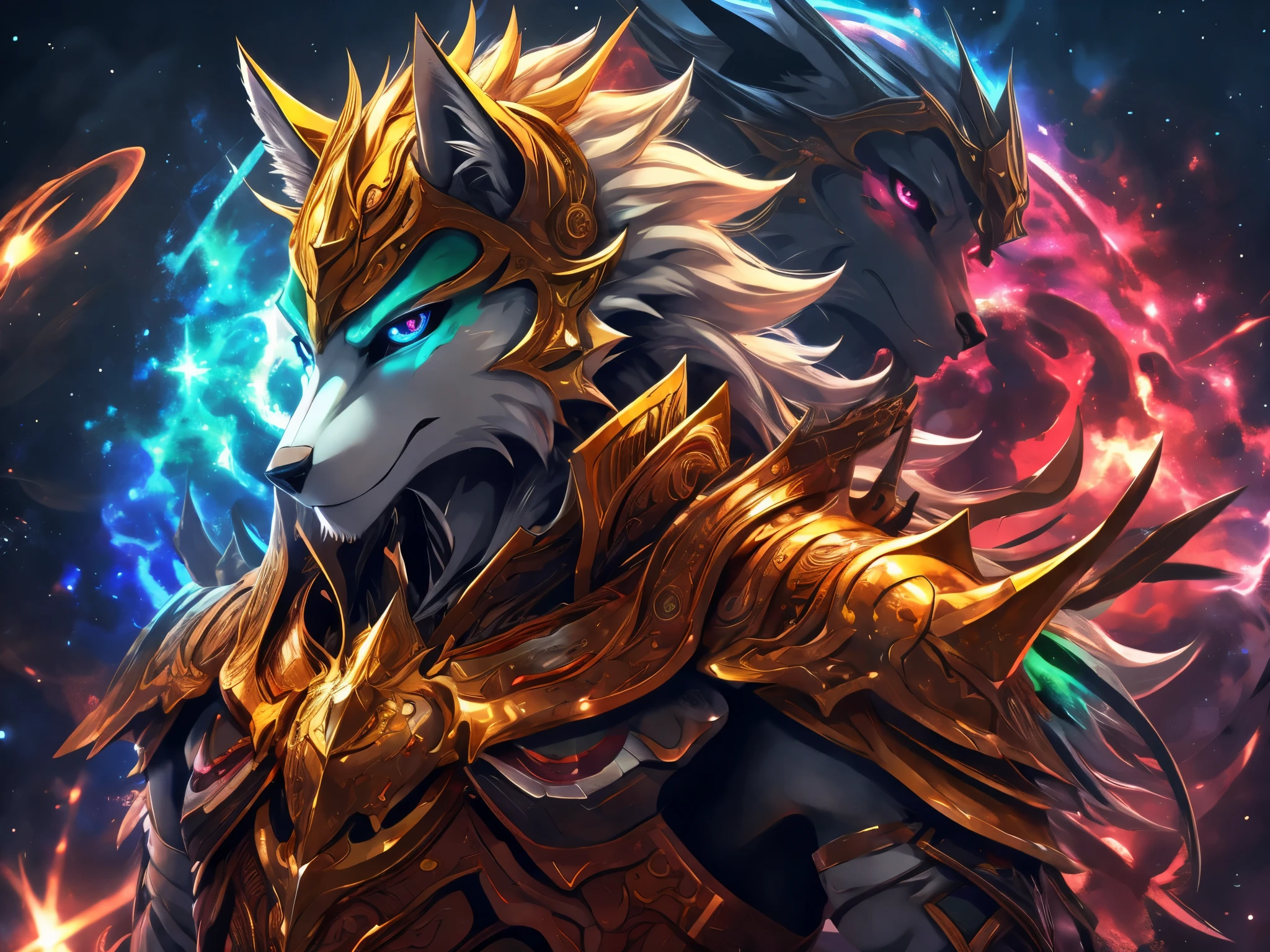 furry, male, anthro, (Wolf Tail), solo, (Realistic eye details:1.2), (beautiful detailed eyes), anime character there is a Wolf male a rainbow colored with rainbow teal armor, rainbow colored cosmic nebula background, stars, galaxies, perfect anatomy, realistic anatomy, full body like, slim body, good looking, anime style, 8k, 4k anime wallpaper, anime art wallpaper 8 k, 2 d art, 2d art, anime art wallpaper 4k, detail art