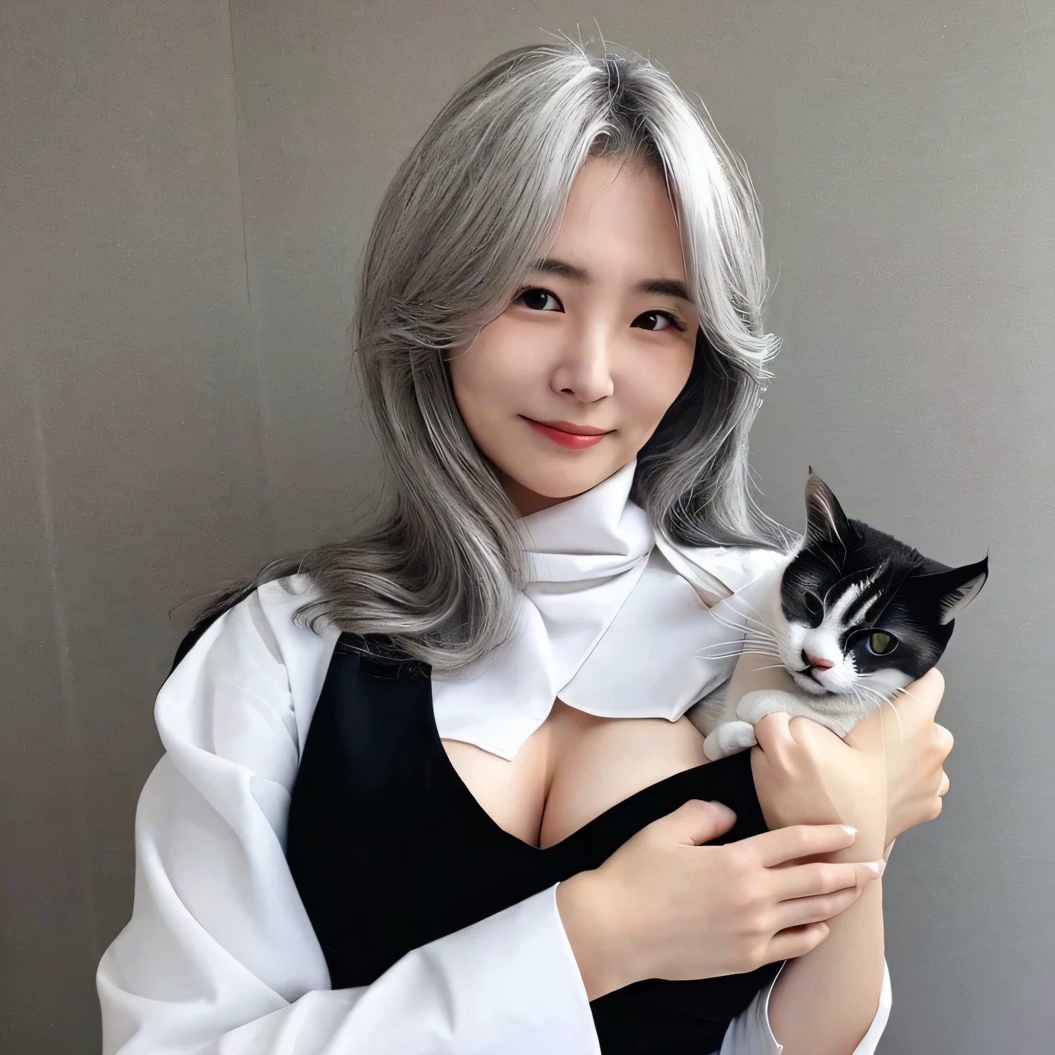 black dress、gray scarf、white shirt、gray hair、woman、holding a cat、breast enhancement、standing model、Grab your right wrist with your left hand