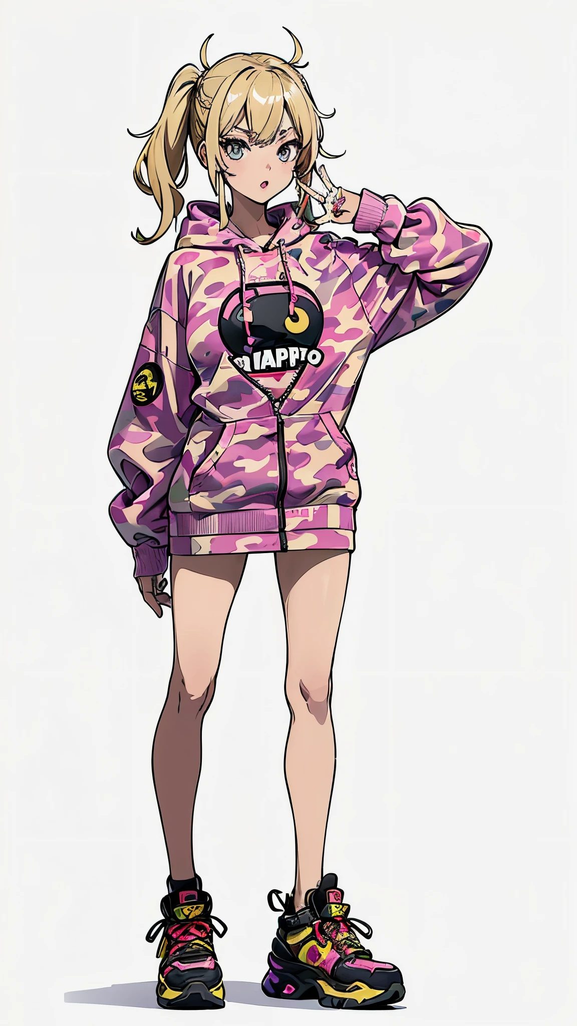 ((best quality,4k,highres,masterpiece:1.2)),((character concept art)), 1 female, age 17, Japanese. Known for her talkative and friendly demeanor, ((she embodies the Gyaru style with her dyed blond hair and tanned skin)). Her body is a head-turner, distracting every man around her. Despite her flirty nature, she is approachable and friendly, making her popular among her classmates. She's usually seen in trendy, flamboyant outfits, reflecting her bold and outgoing personality. (((She wears an A Bathing Ape Camo T-Shirt, renowned for its unique camo print, embodying the brand's streetwear aesthetic. Paired with the iconic A Bathing Ape Bapesta Sneakers, known for their star logo and wide array of colorways, which are a staple of street fashion. To top off her bold look, she dons the recognizable A Bathing Ape Full Zip Hoodie, which zips up to the top of the hood, typically featuring a shark face or the brand's logo))). Her body language exudes confidence and charm, always drawing attention to herself. ((intricate detail)), super finely detailed hands, ultra finely detailed fingers(((ten fingers))), (standing confidently), (full body showcase), (show full body), (no logos on background), (no logo), ((plain background)), ((plain background)), (((empty background))).