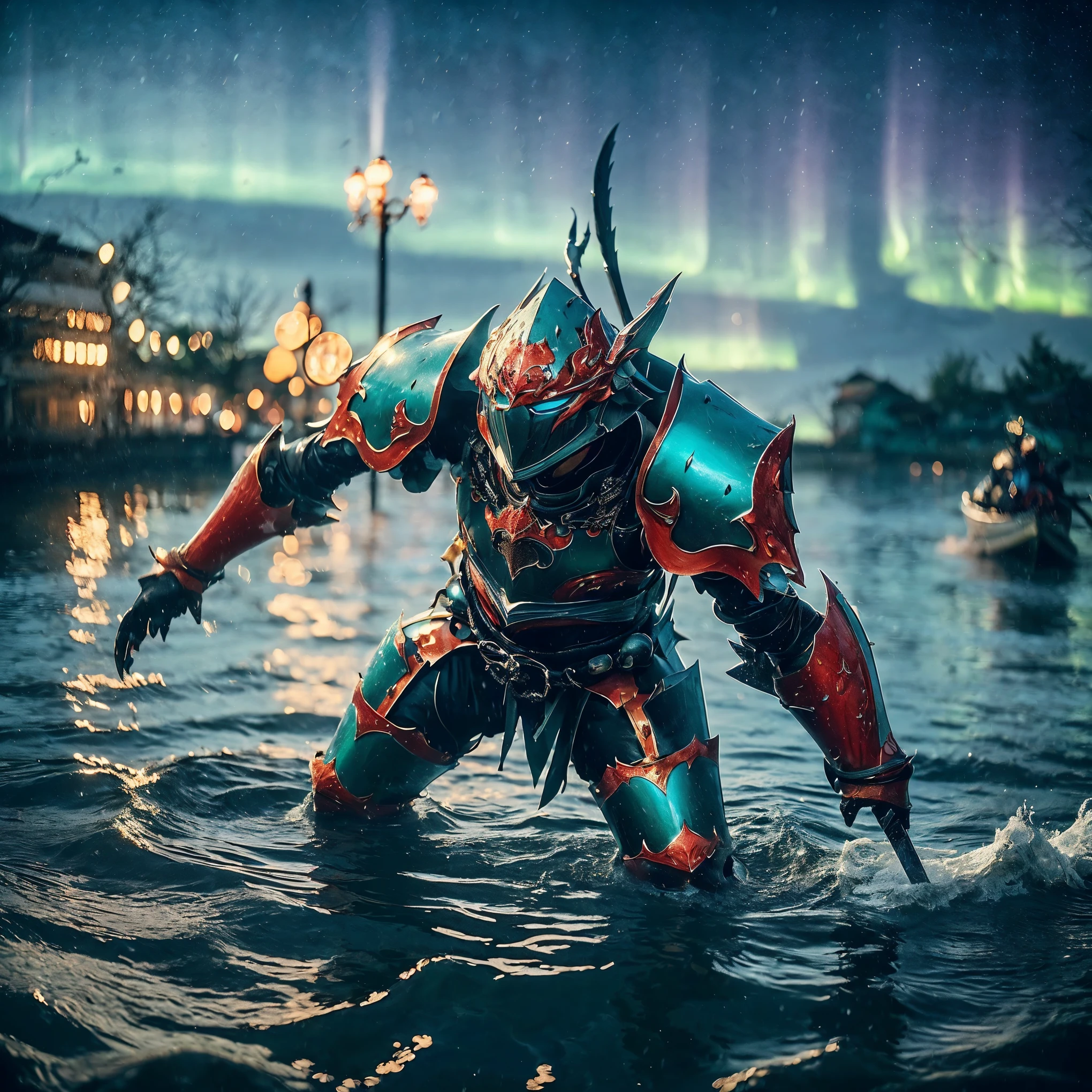 Catastrophic tsunami, 300 meter tidal wave, (((Realistic, masterpiece, best quality, crisp detail, high definition, high detail, very rich detail, sharp focus, sharp detail, colorful, rich color, perfect studio lightning))), ((20 years old, beautiful goddes of water, floating, aqua color hair)),(((in the middle of war, epic war scene, attack stance))), wearing (((beautiful decorated blue heavy armor, water dragon armor, decorated full body armor, fully armored beautiful kimono, wide water diabolos wings))), (holding giant blade), (((blood everywhere, death everywhere, japan bakumatsu period, dead bodies,carcass, drowned japanese castle, catastrophic tsunami, flood, water dragons, giant sea kaiju,meteor shower, aurora)) flooded traditional village background), heavy rain,