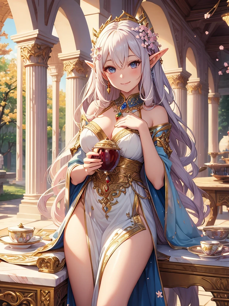 Beautiful Elf Woman　smile　fantasy　Gentle light　magic light　fantasy　starry sky　universe　beautiful dress　cherry blossoms　flower　forest　　marble columns　table　tea　flower瓶　　byzantine　art nouveau　UHD   