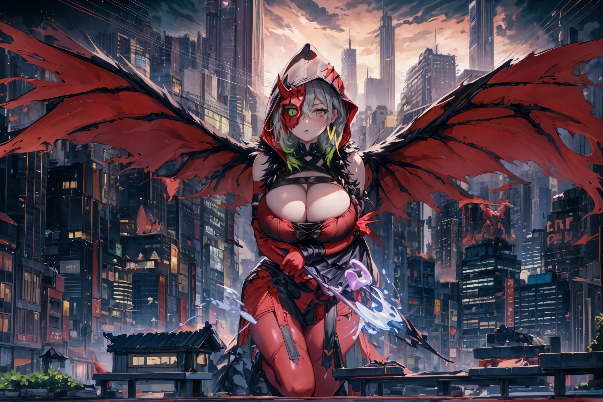 (masterpiece, best quality:1.2),cityscape,night, on the knee, intricate details, 1girl ,diabellestarr the dark witch, narrow bust,(huge breasts:1.6),(mature female:1.2),(solo),Korean doll,thick, minimal cloth, cleavage ,mask, dress, hood up, detached sleeves, red pantyhose, earrings