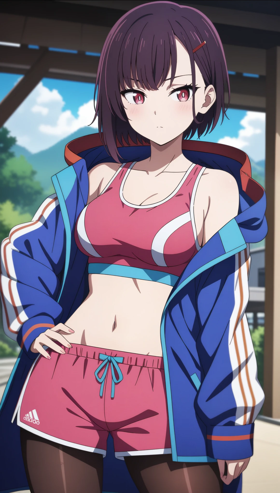 (masterpiece, best quality, very aesthetic, ultra detailed), intricate details,
1girl, shizukazom100, short hair, dark purple hair, bangs, hair ornament, hairclip, pink eyes, white pupils, medium breasts, collarbone, blue jacket, sports bra, navel, midriff, pink shorts, pantyhose, hand on own hip, outdoors, 