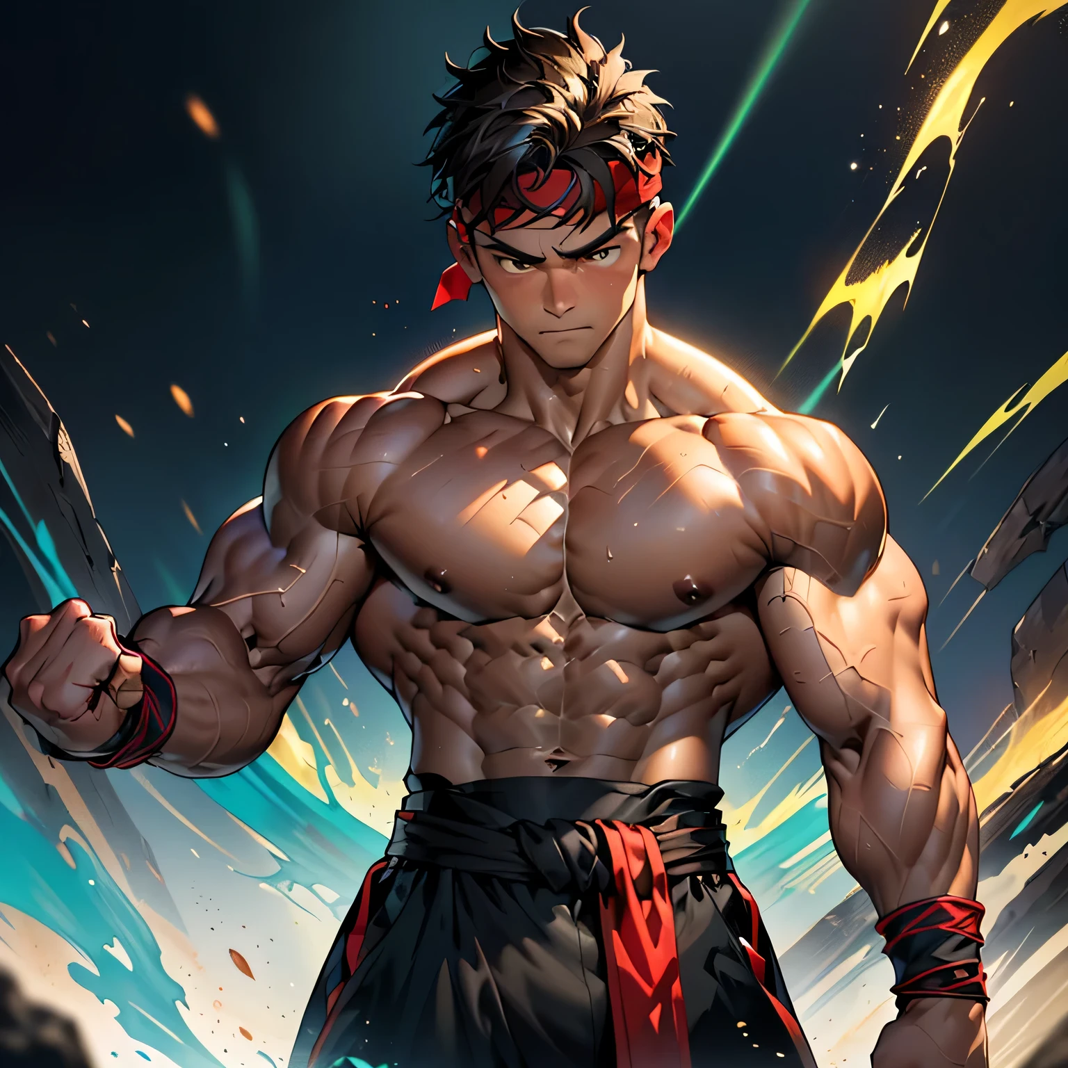 (Masterpiece, Best quality 19 year old boy, simple background, cowboy shot), solo, Young, boy, muscler, Shirtless, topless, (Dark Short straight hair, under cut, brown eyes), (red headband, ((black wristband, weist sash))), Vivid colors, (hot Abs:1.2, abs!, big abs, big breast:1.2, chest!, muscler upper arms, clenched fist), (topless male), closed mouth, serious, muscler!, muscler body, Man with martial arts stance, (aura power:1.4), detailed face, detailed muscle, (((A magical turquoise mystical aura, random fighting pose, powerful, action, rippling muscles, fighting with great fury against enemy, concentrate)))
