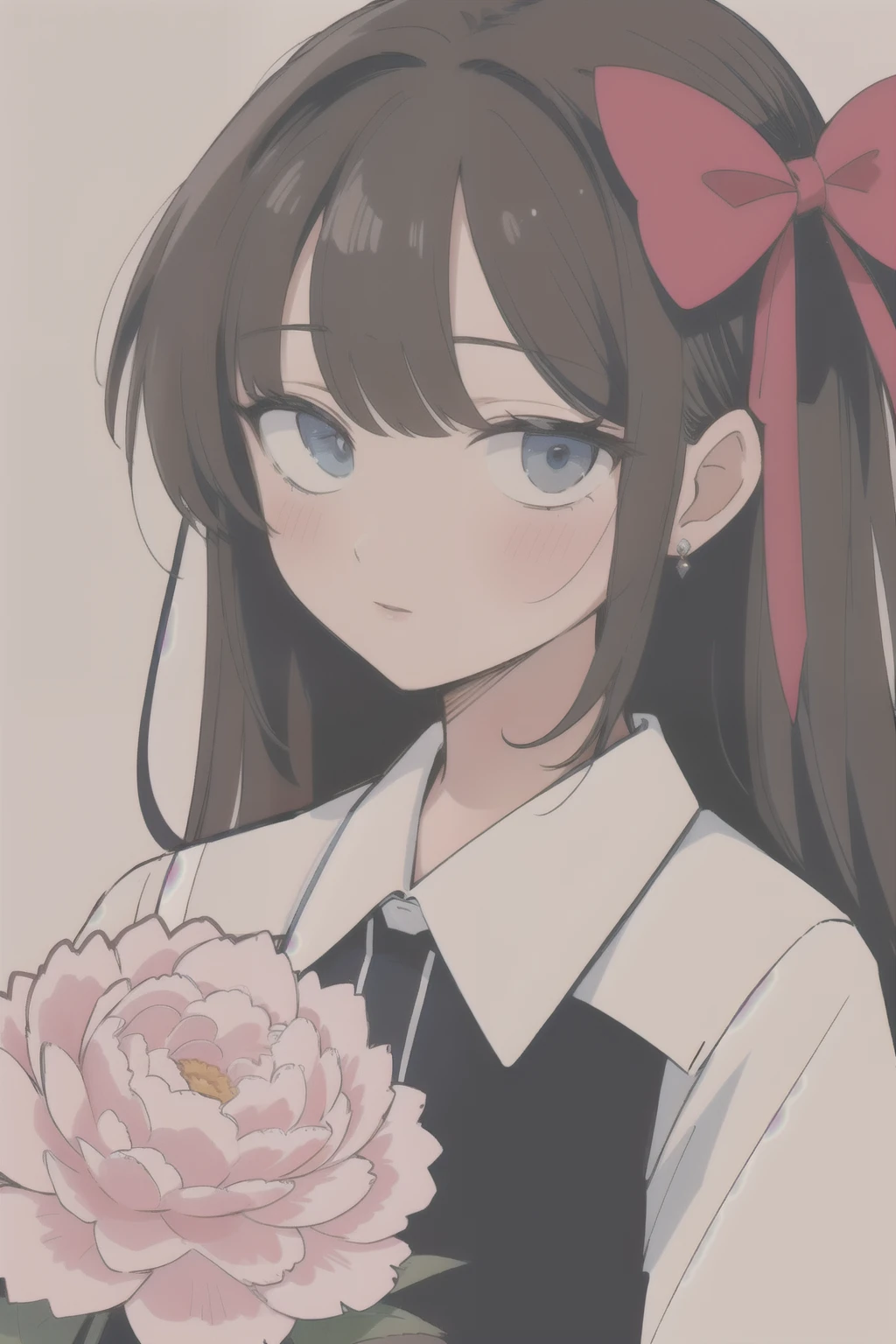 Rozheva has hair, carnation bows, gray , background school