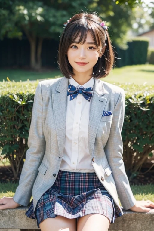 garden,No ribbons in your hair,smile,,blazer,checked skirt,A bow tie,Hair shortcuts