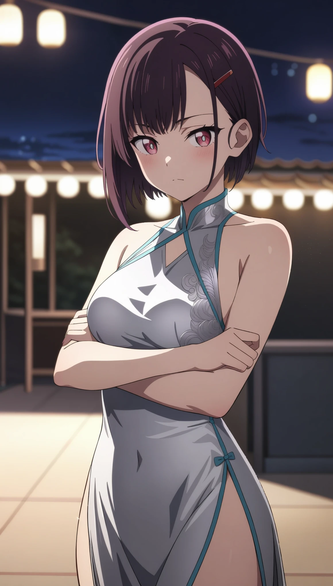 (masterpiece, best quality, very aesthetic, ultra detailed), intricate details,
1girl, shizukazom100, short hair, dark purple hair, bangs, hair ornament, hairclip, pink eyes, white pupils, medium breasts, satin, sparkling, side slit, night, crossed arms, silver dress,