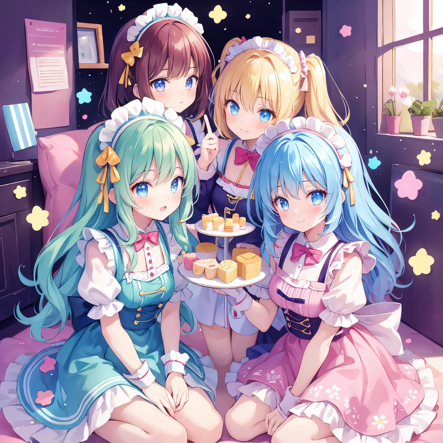 masterpiece, (2girls and 2girls and 2girls and 2girls at picnic), idol, big eyes, kawaiitech, kawaii, cute, pastel colors, best quality, happy, deep background, symmetrical, tilted head, summer