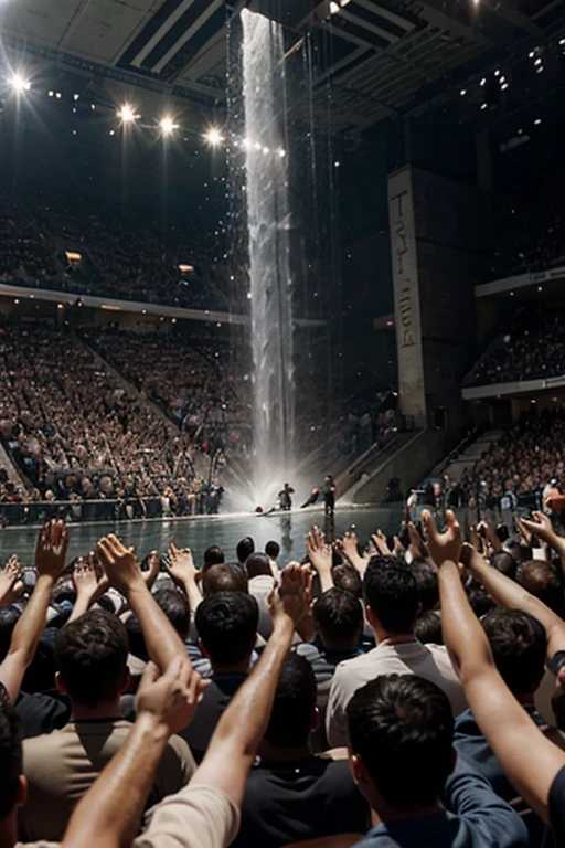 I need a crowd of men with their hands raised and water falling on them