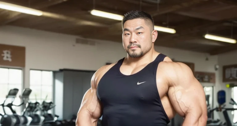 (tank top:1.4), (at gym:1.4), 40's, (Japanese face:1.4), (Korean face:1.4), (Chinese face:1.4), (Taiwanese face:1.4), manly face, fat face, (round face:1.4), (monolid eyes:1.2), (buzz cut:1.4), very large and strong body, bulky body, beefy muscles, (bulging muscles:1.4), (very large pectoral muscles:1.4), (muscular arms:1.4), muscular abs, muscular legs, muscular back, bright oily skin, (realistic:1.2), distant view