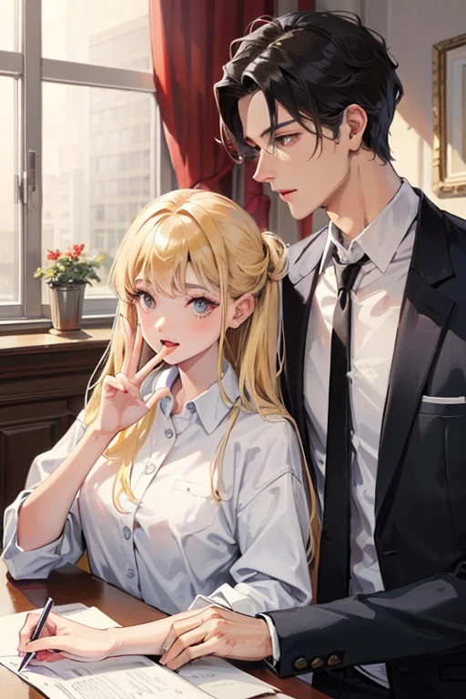 Handsome young domineering business man with a beautiful young actress, vector, couple, romance, love, best quality, masterpiece, highly detailed