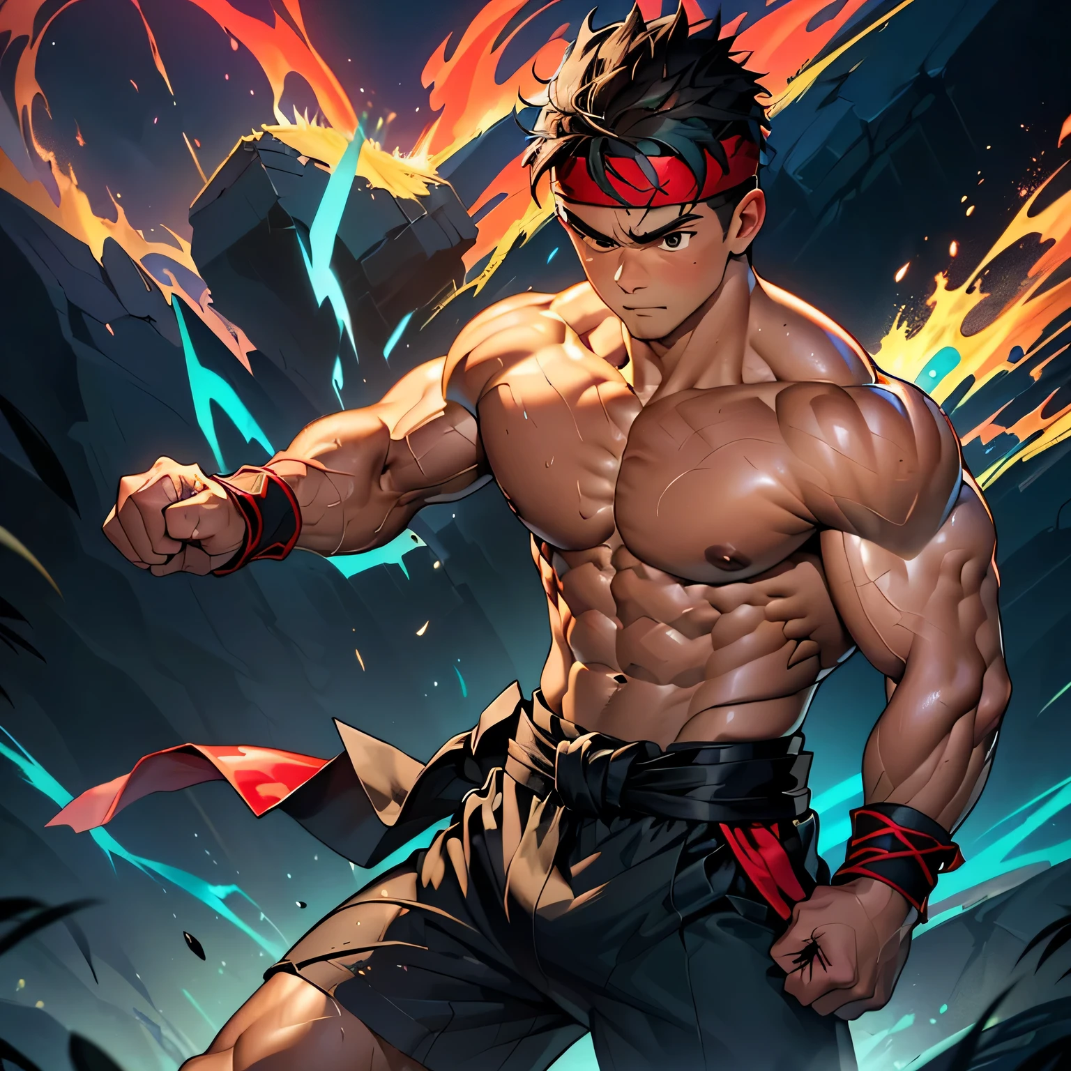 (Masterpiece, Best quality 19 year old boy, simple background, cowboy shot), solo, Young, boy, muscler, Shirtless, topless, (Dark Short straight hair, under cut, brown eyes), (red headband, ((black wristband, weist sash))), Vivid colors, (hot Abs:1.2, abs!, big abs, big breast:1.2, chest!, muscler upper arms, clenched fist), (topless male), closed mouth, serious, muscler!, muscler body, Man with martial arts stance, (aura power:1.4), detailed face, detailed muscle, (((A magical turquoise mystical aura, random fighting pose, powerful, action, rippling muscles, fighting with great fury against enemy, concentrate)))