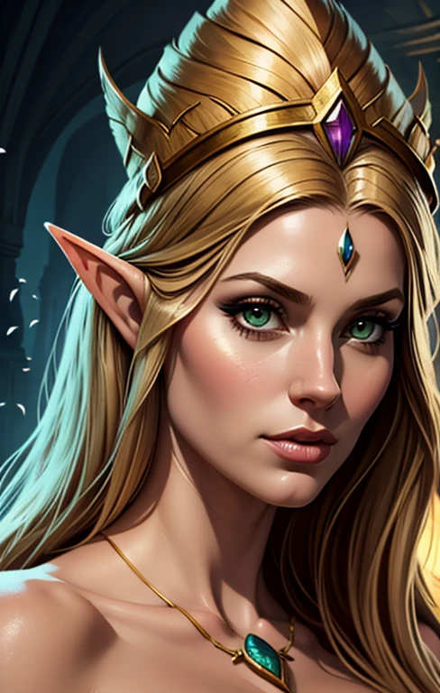 create a digital painting, best quality, 4k, Babes, a close-up of a woman with a crown and a bird on her head, portrait of a sorceress, epic fantasy art portrait, fantasy concept art portrait, detailed matte fantasy portrait , fantasy art portrait, fantasy portrait art, elven priestess, fantasy character portrait, portrait of an elf queen, portrait of a beautiful goddess, fantasy genre portrait