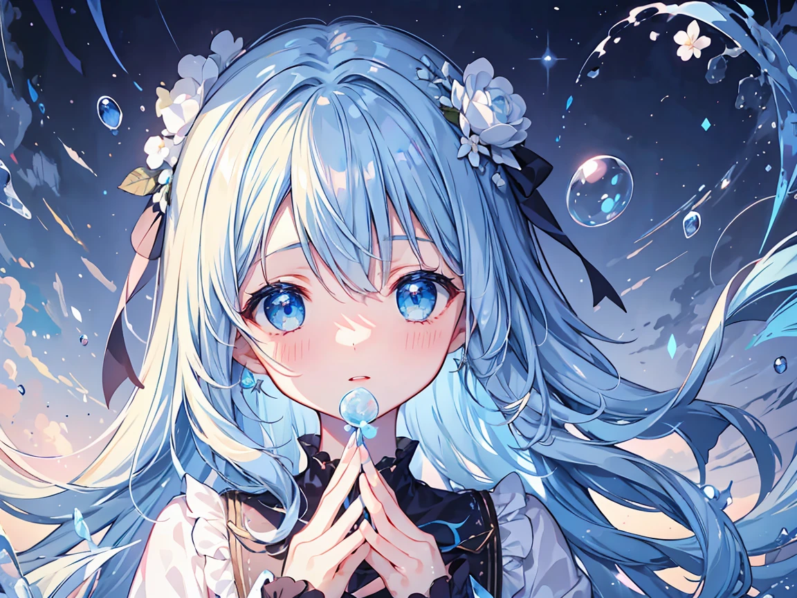 masterpiece, best quality, extremely detailed, (illustration, official art: 1.1), 1 girl, ((light blue long hair))), light blue hair, , long hair ((blush)), cute face, big eyes, masterpiece, best quality, ((a very delicate and beautiful girl))))), amazing, beautiful detailed eyes, blunt bangs ((((little delicate girl)))), tareme, long hair cute anime faces, detailed light, parted lips, shiny, beautiful detailed face, long hair, pale long hair, smile, looking at viewer, jewelry, lips, small breasts,(masterpiece:1.2), best quality,PIXIV,Colorful portraits, 1girl, solo, looking at viewer, holding, blue eyes, camera, bangs, blush, holding camera, long hair, long sleeves, upper body, blurry,hands up, triangle, sweater, depth of field, light particles, covered mouth, fingernails,Bubble, under the water, Air bubble,bright light blue eyes,Bright eyes like sapphires, flourescent blue, , fingernails,Bubble, under the water, Air bubble,bright light blue eyes,Bright eyes like sapphires, flourescent blue, ,,,Cold background,、glass shards、 under the water,