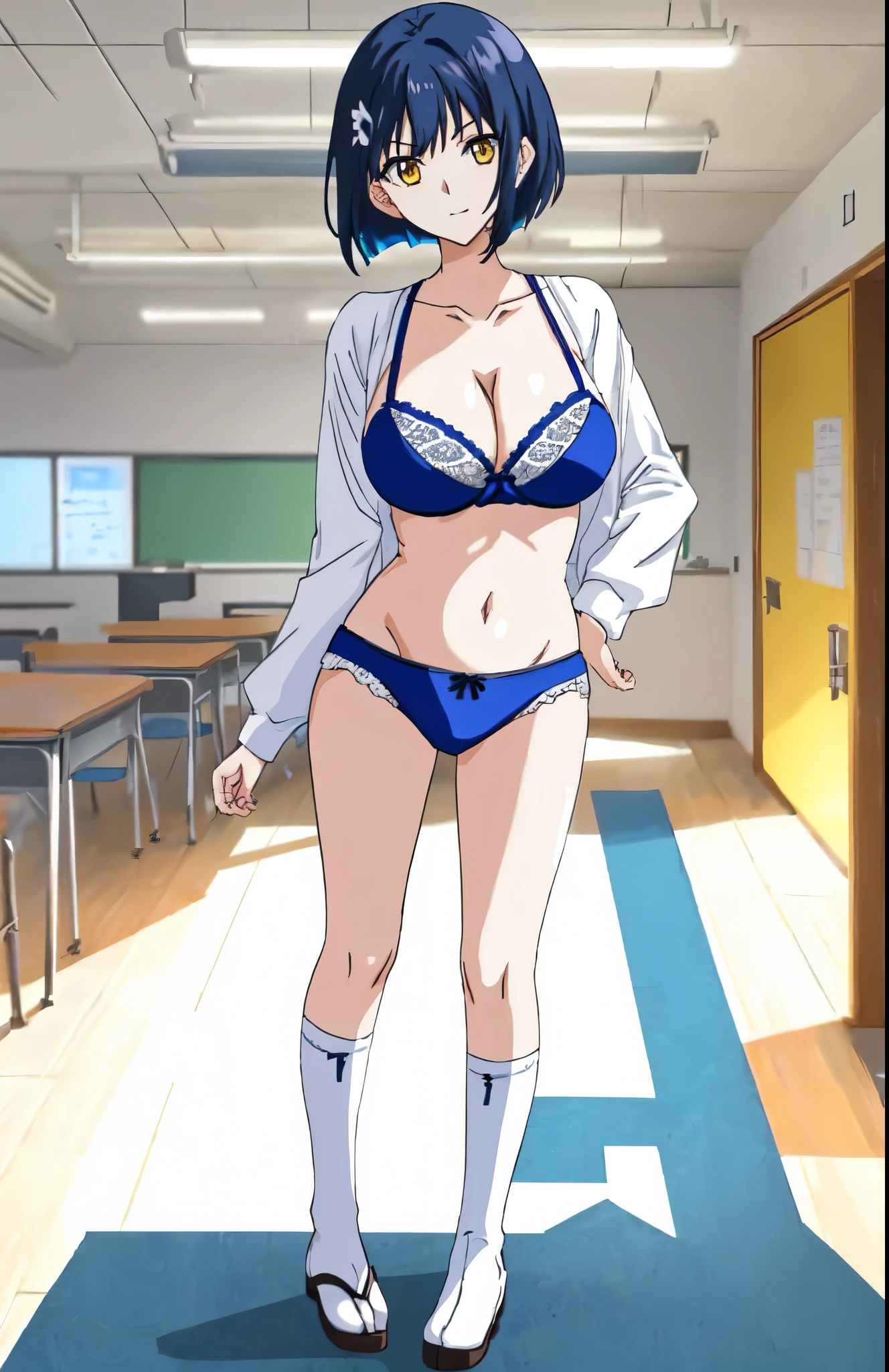 anime girl in a blue bra with a white lace trim and blue pantywith a white bow、woman with short dark blue hair、woman with yellow eyes、bob cut、seductive anime woman、clothing:blue bra、blue panties、tall woman、cool atmosphere、anime moe art style、big breasts、woman with very large breasts、(anime girl)、attractive anime girl、naughty anime style、Beautiful charming anime teen、Smooth anime CG art、school classroom、indoor、cleavage、bra with an blue、panty with an blue、whole body、a girl is standing、digital anime art!!、female focus、perfect body、cool anime girl、full body、anime best girl、solo、underwear only、Bra and panties only、8k!!、High resolution!!、