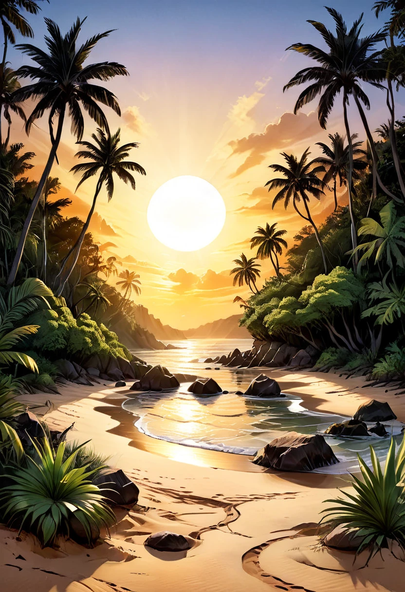 Rifstyle 3,1, um iate a beira mar (((em preto e branco))) on a desert beach and a tropical forest illuminated by the sunset (((cores vivas))), high quality illustration, obra de arte 