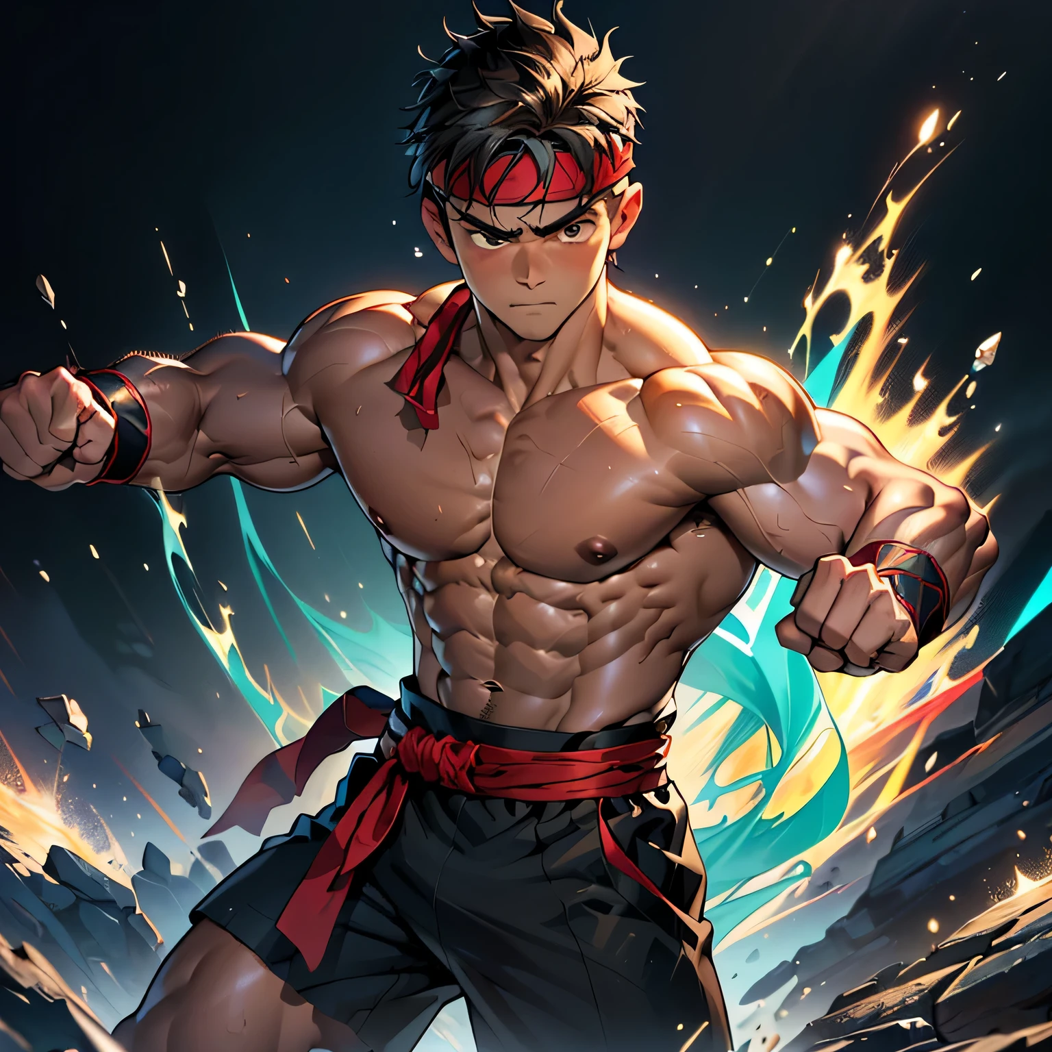 (Masterpiece, Best quality 19 year old boy, simple background, cowboy shot), solo, Young, boy, muscler, Shirtless, topless, (Dark Short straight hair, under cut, brown eyes), (red headband, ((black wristband, weist sash))), Vivid colors, (hot Abs:1.2, abs!, big abs, big breast:1.2, chest!, muscler upper arms, clenched fist), (topless male), closed mouth, serious, muscler!, muscler body, Man with martial arts stance, (aura power:1.4), detailed face, detailed muscle, (((A magical turquoise mystical aura, random fighting pose, powerful, action, rippling muscles, fighting with great fury against enemy, concentrate)))