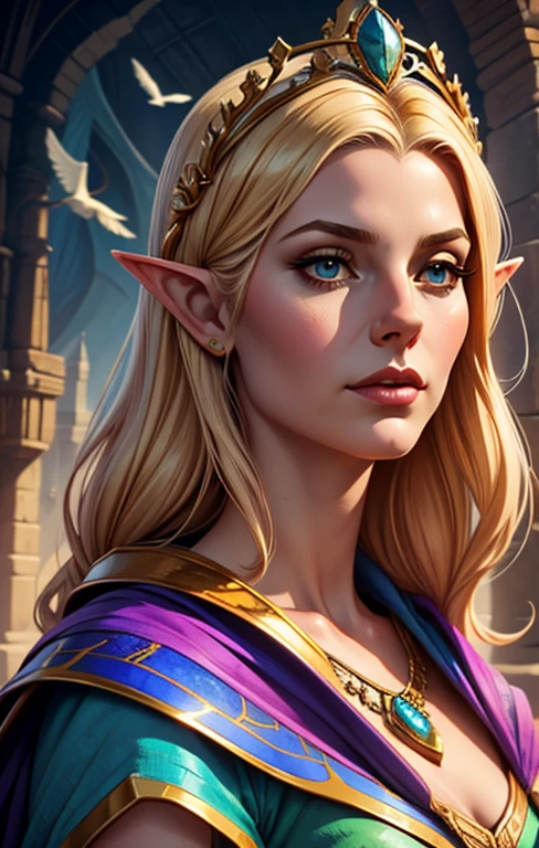 create a digital painting, best quality, 4k, JIM EIDOMODE, a close-up of a woman with a crown and a bird on her head, portrait of a sorceress, epic fantasy art portrait, fantasy concept art portrait, detailed matte fantasy portrait , fantasy art portrait, fantasy portrait art, elven priestess, fantasy character portrait, portrait of an elf queen, portrait of a beautiful goddess, fantasy genre portrait