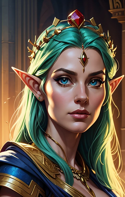 RPG de retrato, primer plano, Fantasyart, Raza: Genus Elf: Femenino, EDAD: 1000 years Eyes: Azules Color de piel: Fair skin with warm tones Physique: Tesis normal. Rasgos faciales: arrugas. expression: Mirada relajada. peinado: Cabello gris canoso Equipamiento: Ropa de mago Fondo: biblioteca