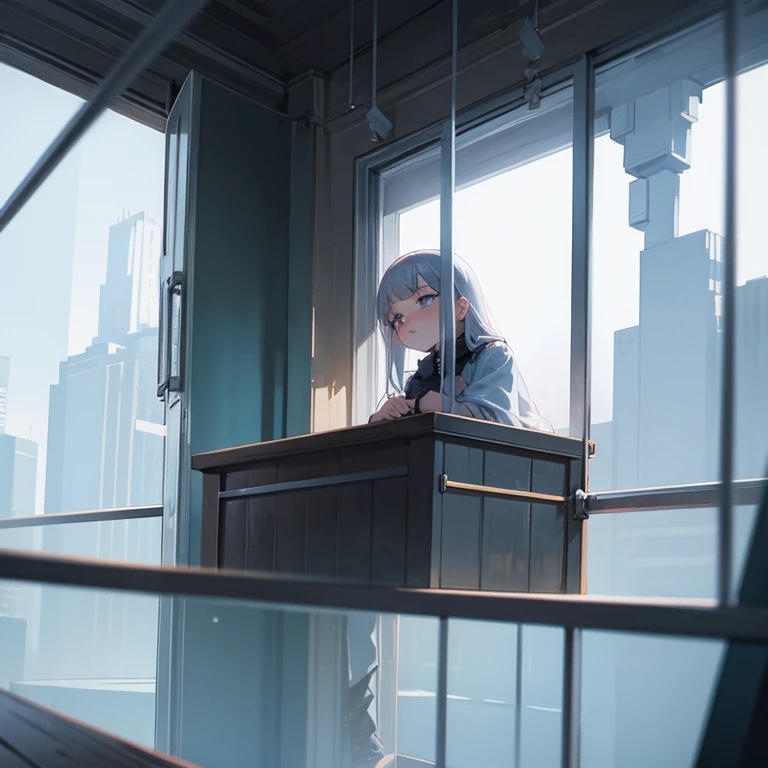 Young girl, silver hair, imprisoned on the top floor of a cold, lonely tower, looking out the window.