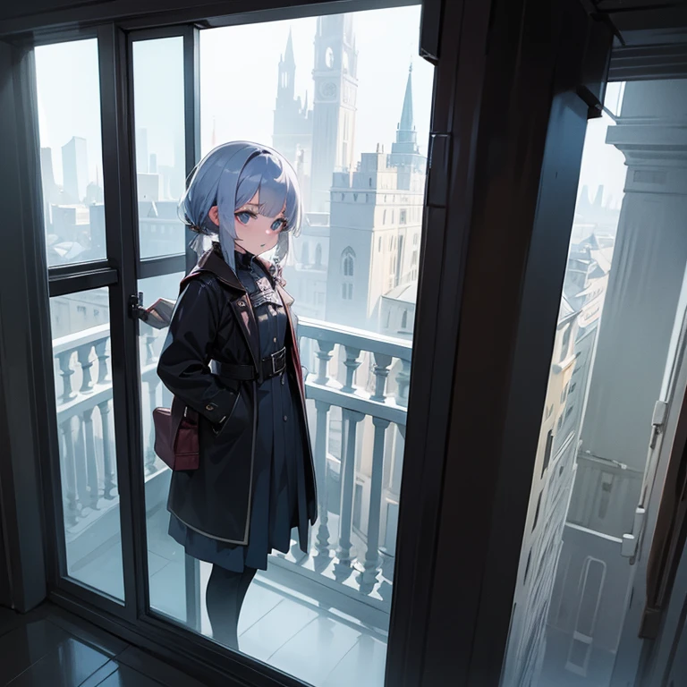 Young girl, silver hair, imprisoned on the top floor of a cold, lonely tower, looking out the window.