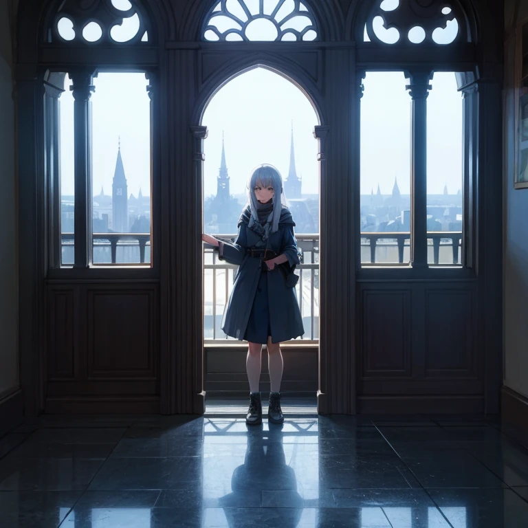 Young girl, silver hair, imprisoned on the top floor of a cold, lonely tower, looking out the window.